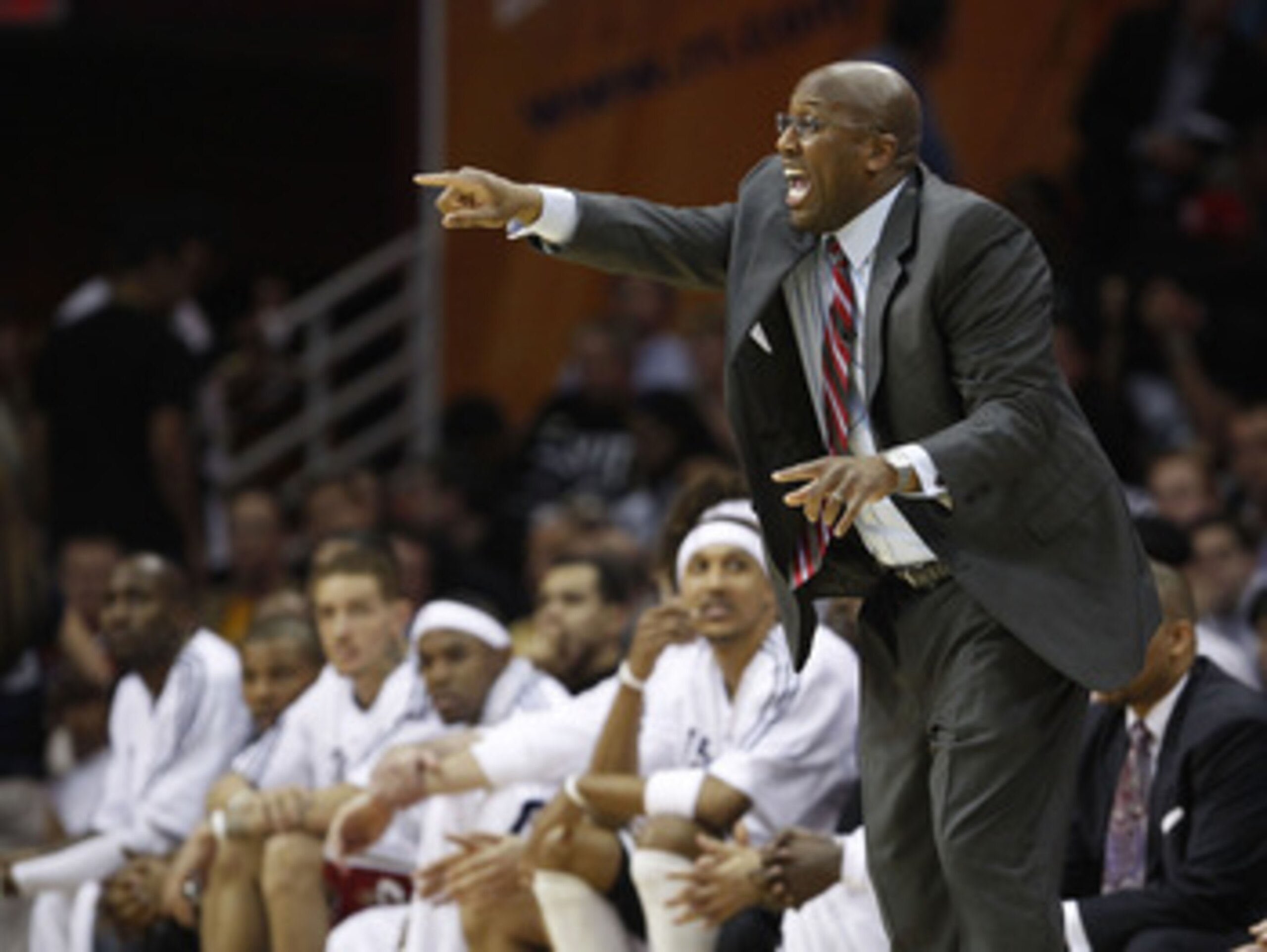 CLEVELAND - MAY 03:  Head coach Mike Brown of the Cleveland Cavaliers shouts instructions from the bench while playing the Boston Celtics in Game Two of the Eastern Conference Semifinals during the 2010 NBA Playoffs at Quicken Loans Arena on May 3, 2010 i