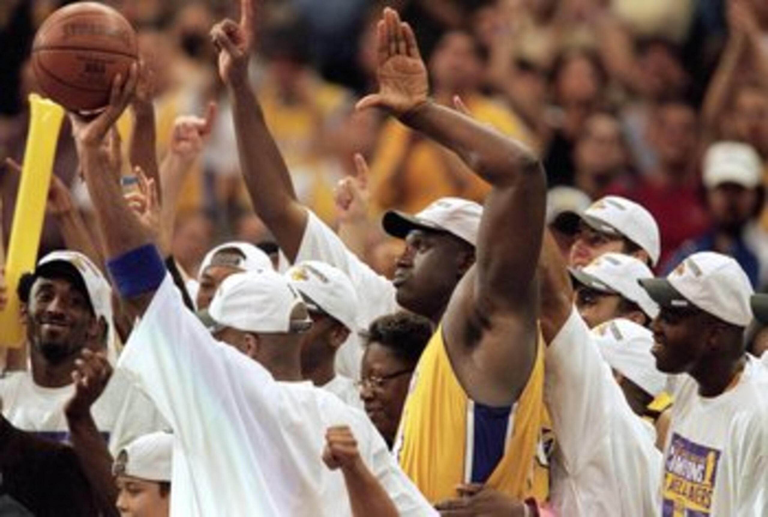 19 Jun 2000:  Kobe Bryant #8 and Shaquille O''Neal #34 of the Los Angeles Lakers celebrate after winning the NBA Finals Game 6 against the Indiana Pacers at the Staples Center in Los Angeles, California.  The Lakers defeated the Pacers in 116-111.  NOTE T