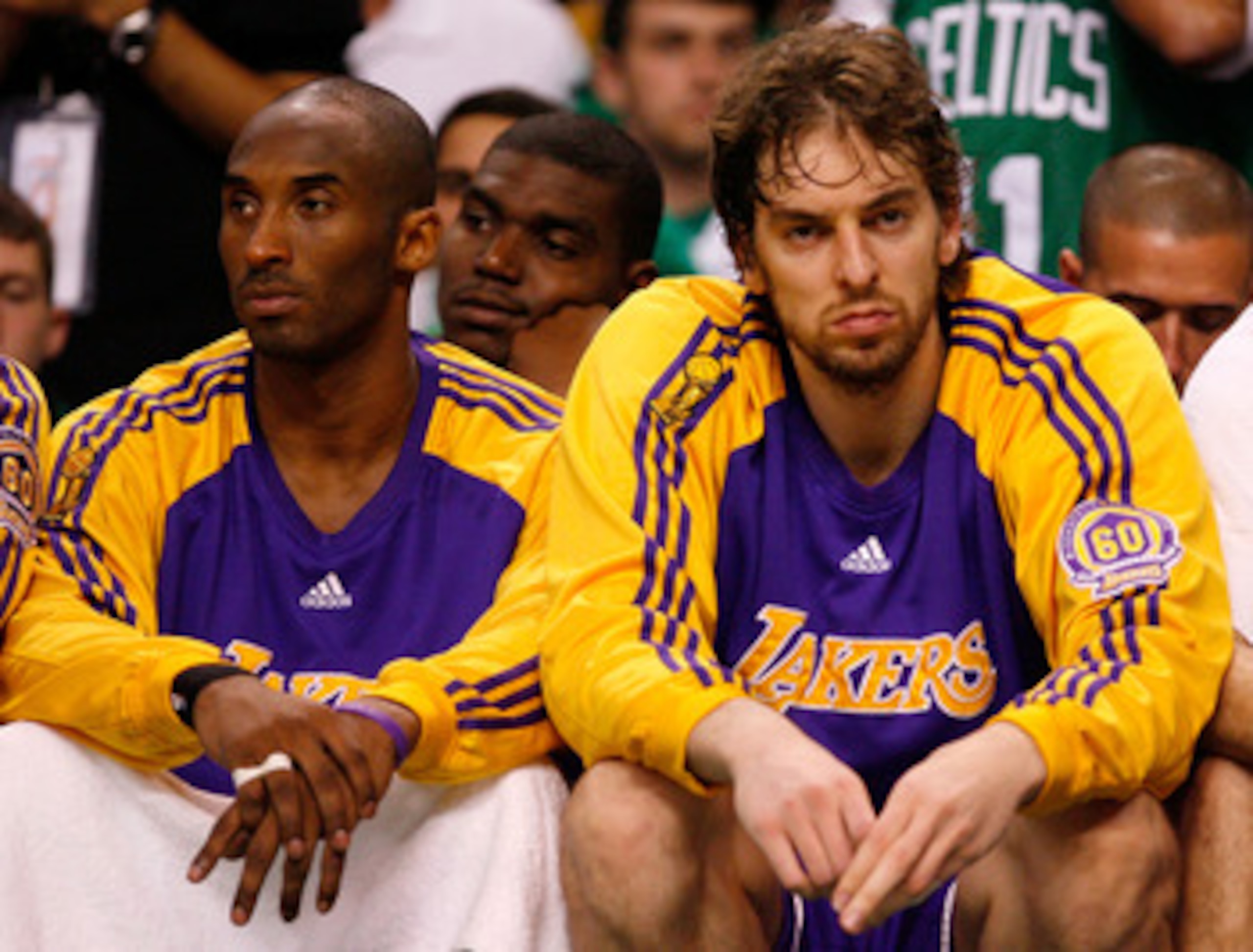BOSTON - JUNE 17:  Kobe Bryant #24 and Derek Fisher #2 of the Los Angeles Lakers walk to the bench as the Lakers trail the Boston Celtics in Game Six of the 2008 NBA Finals on June 17, 2008 at TD Banknorth Garden in Boston, Massachusetts. NOTE TO USER: Us