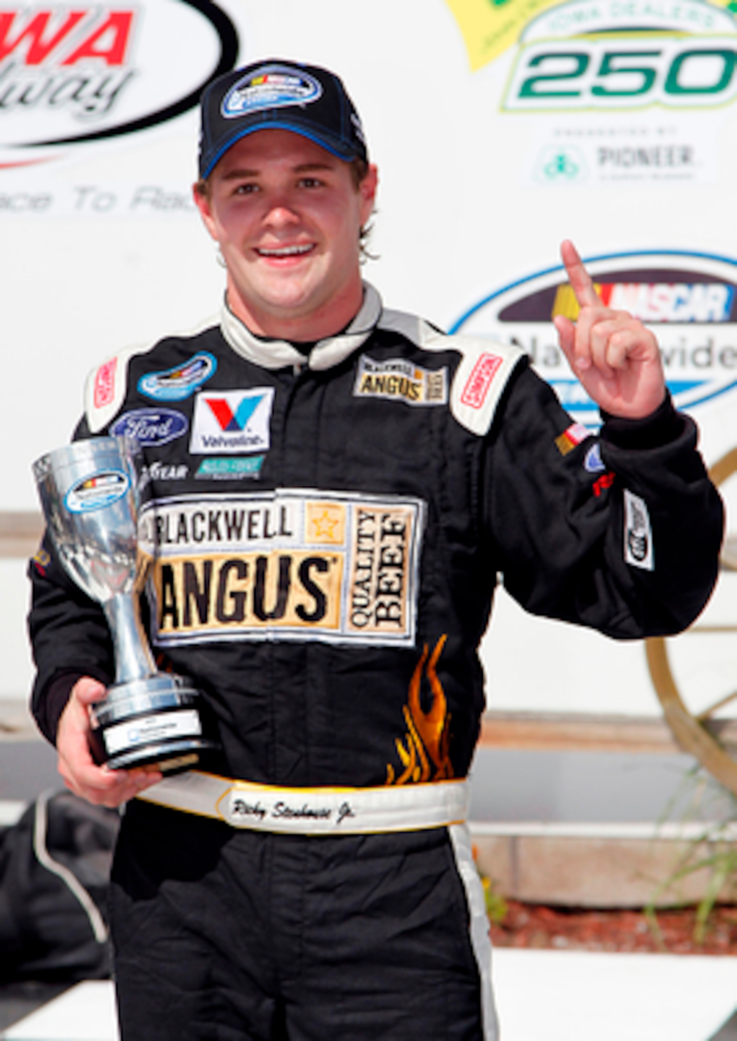 NEWTON, IA - MAY 22: Ricky Stenhouse Jr., driver of the #6 Blackwell Angus Ford, celebrates in victory lane after winning the NASCAR Nationwide Series Inaugural Iowa John Deere Dealers 250 at Iowa Speedway on May 22, 2011 in Newton, Iowa.  (Photo by Tom P