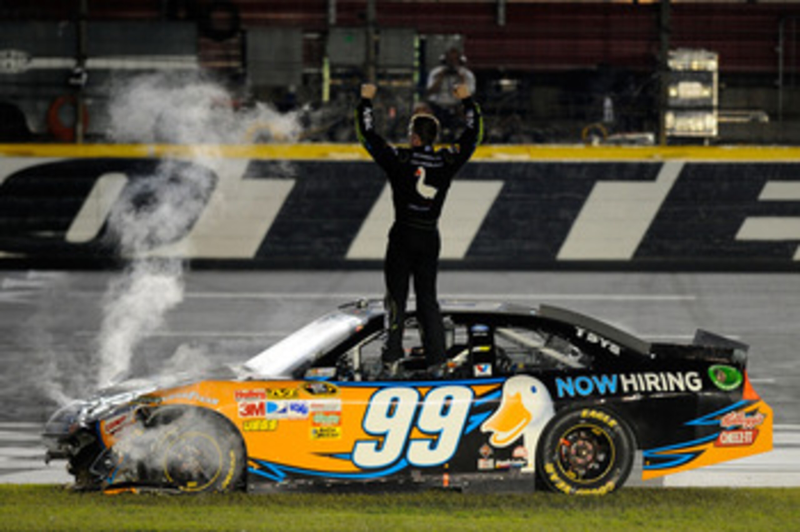 CHARLOTTE, NC - MAY 21:  Carl Edwards, driver of the #99 Aflac Ford, celebrates after winning the NASCAR Sprint All-Star Race at Charlotte Motor Speedway on May 21, 2011 in Charlotte, North Carolina.  (Photo by Jared C. Tilton/Getty Images for NASCAR)