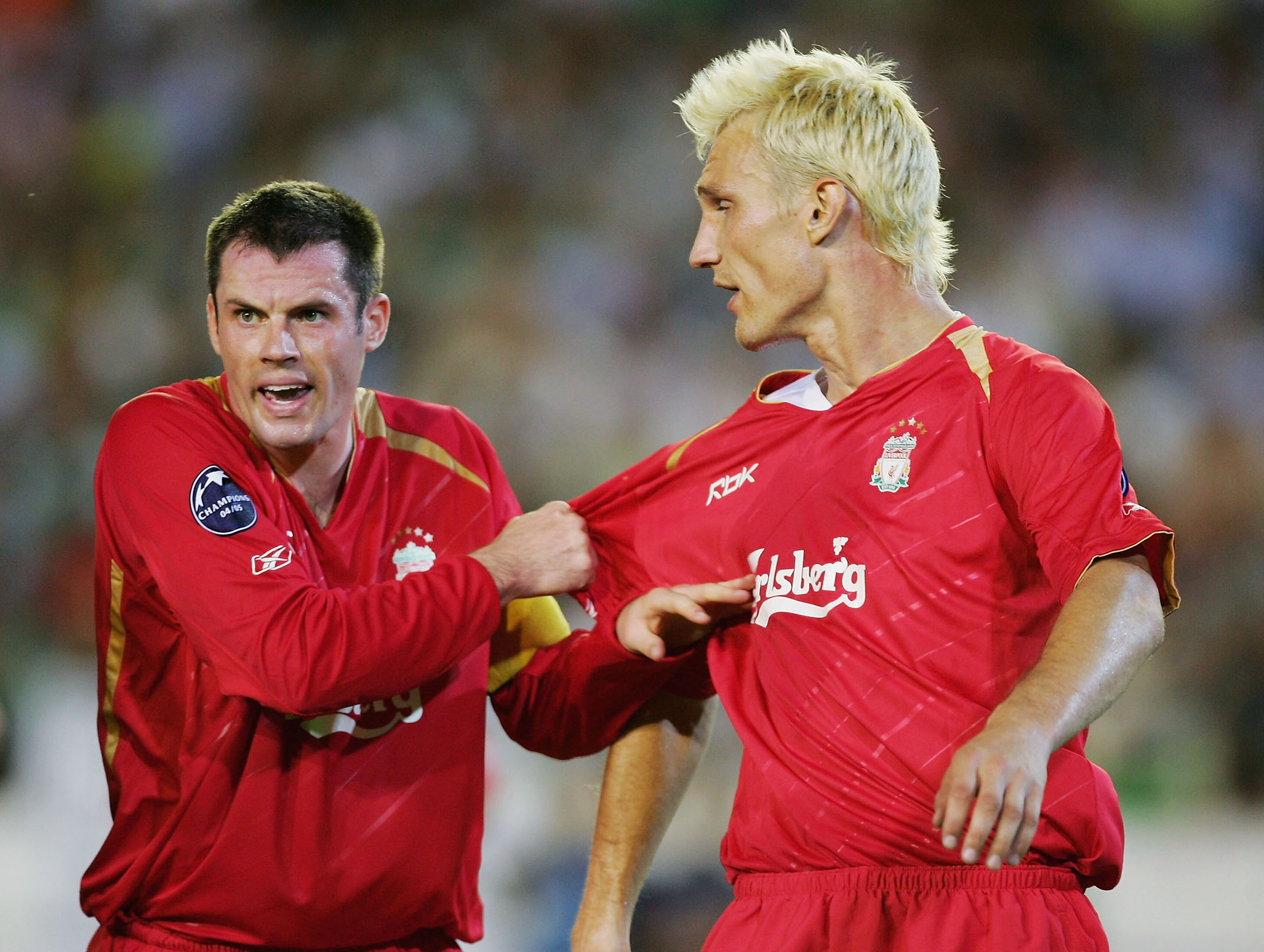 SEVILLE, SPAIN - SEPTEMBER 13: Liverpool captain Jamie Carragher barks orders to team-mate Sami Hyypia during a second half onslaught by Real Betis during the UEFA Champions League Group G match between Real Betis and Liverpool at the Estadio Ruiz de Lop SEVILLE, SPAIN - SEPTEMBER 13: Liverpool captain Jamie Carragher barks orders to team-mate Sami Hyypia during a second half onslaught by Real Betis during the UEFA Champions League Group G match between Real Betis and Liverpool at the Estadio Ruiz de Lop