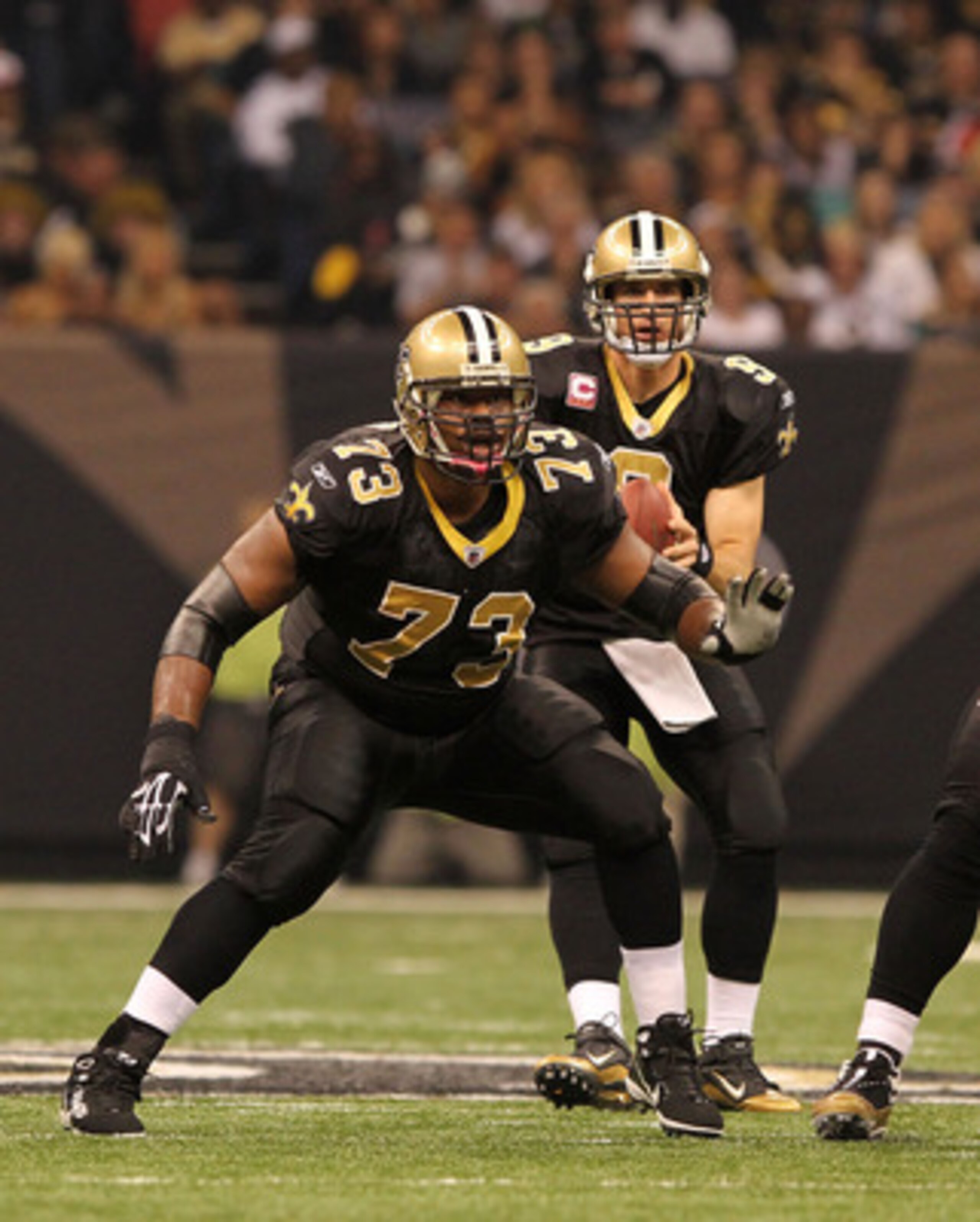 NEW ORLEANS, LA - OCTOBER 31: Jahri Evans #73 of the New Orleans Saints in action during the game against the Pittsburgh Steelers at the Louisiana Superdome on October 31, 2010 in New Orleans, Louisiana. (Photo by Matthew Sharpe/Getty Images)