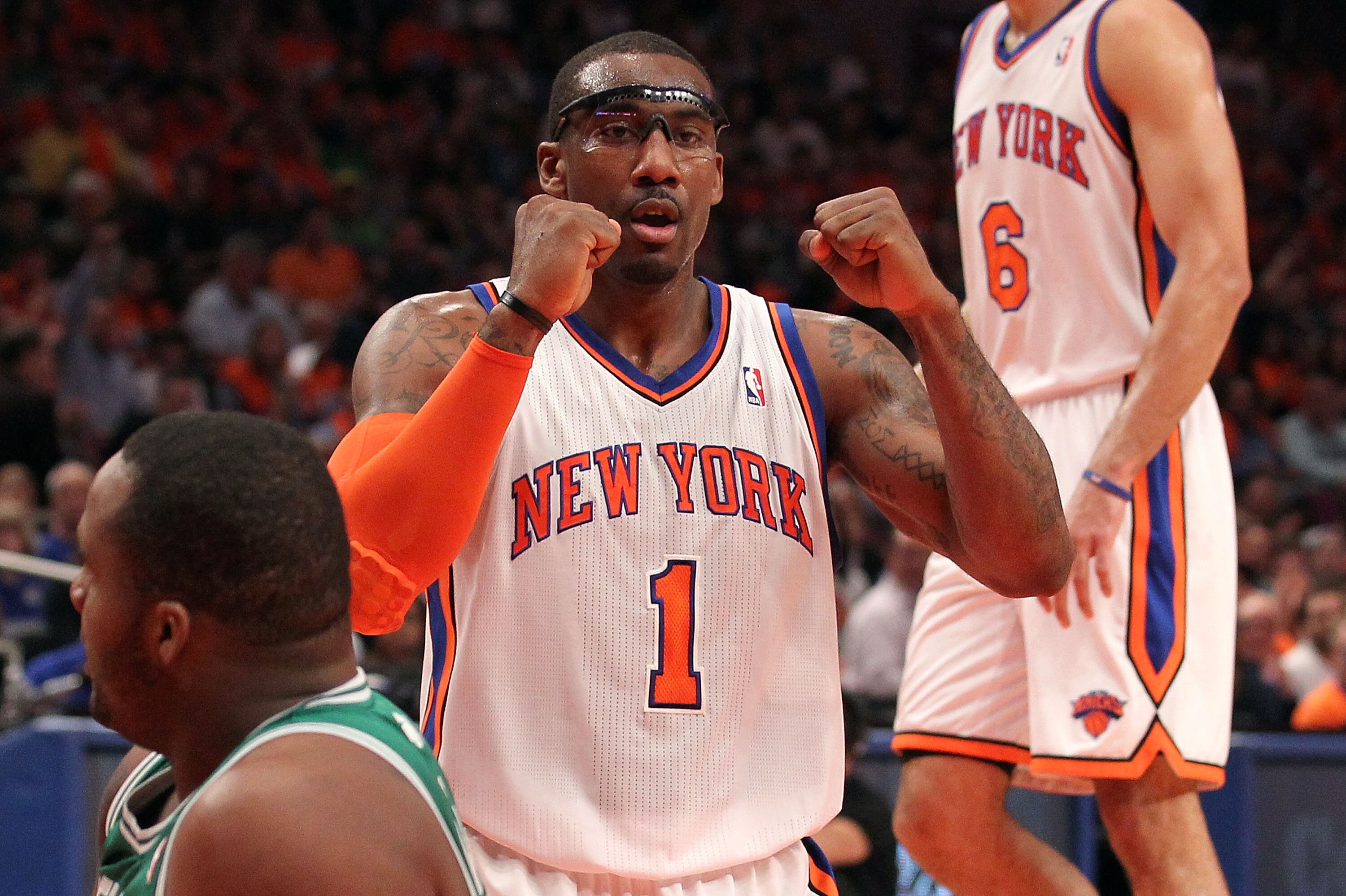 NEW YORK, NY - APRIL 24:  Amar'e Stoudemire #1 of the New York Knicks reacts in the first quarter against the Boston Celtics in Game Four of the Eastern Conference Quarterfinals during the 2011 NBA Playoffs on April 24, 2011 at Madison Square Garden in Ne