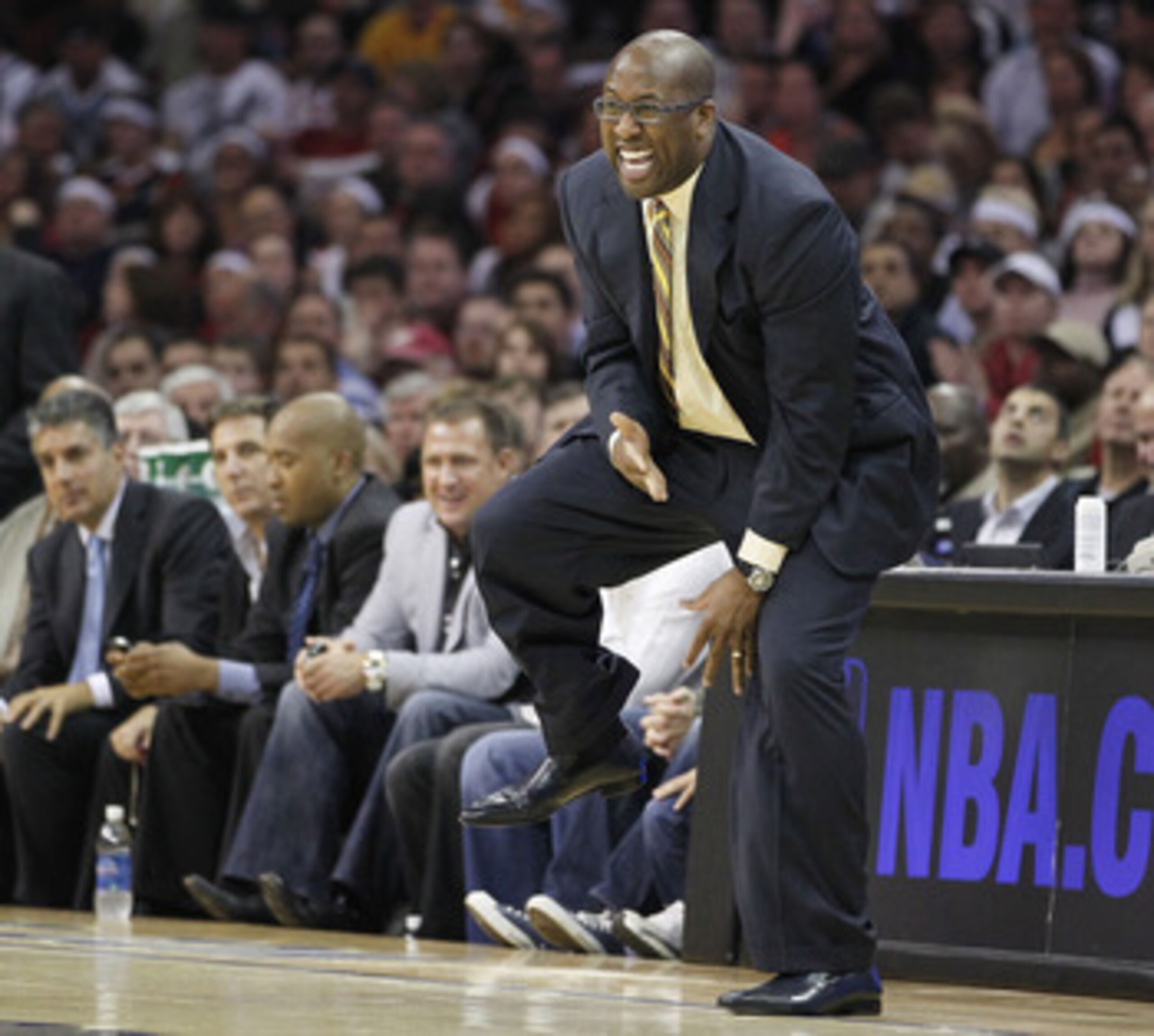 CLEVELAND - MAY 11:  Head coach Mike Brown of the Cleveland Cavaliers reacts after a foul call while playing the Boston Celtics in Game Five of the Eastern Conference Semifinals during the 2010 NBA Playoffs at Quicken Loans Arena on May 11, 2010 in Clevel