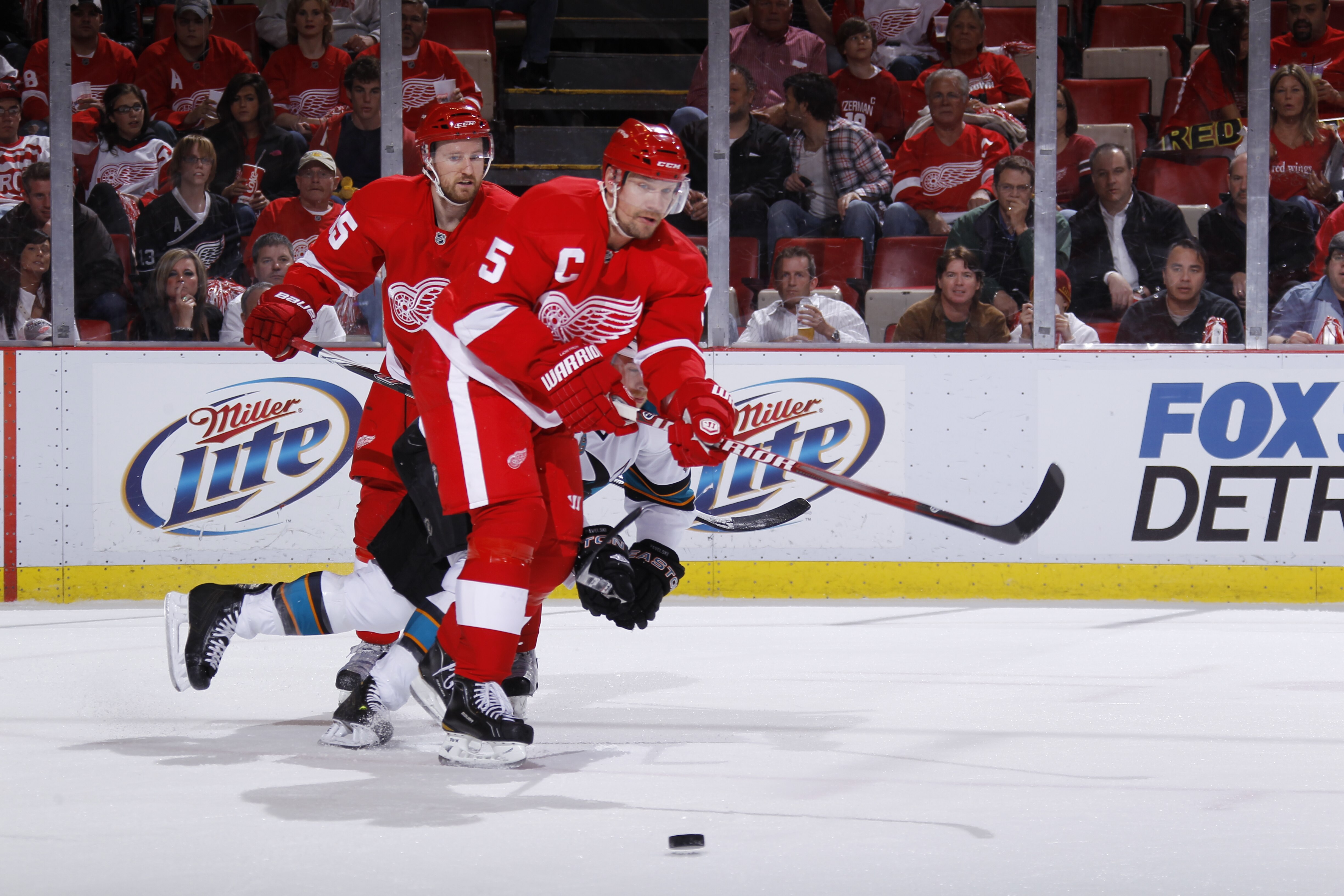 DETROIT - MAY 6: Nicklas Lidstrom #5 of the Detroit Red Wings skates with the puck while playing the San Jose Sharks in Game Four of the Western Conference Semifinals during the 2011 NHL Stanley Cup Playoffs on May 6, 2011 at Joe Louis Arena in Detroit, M