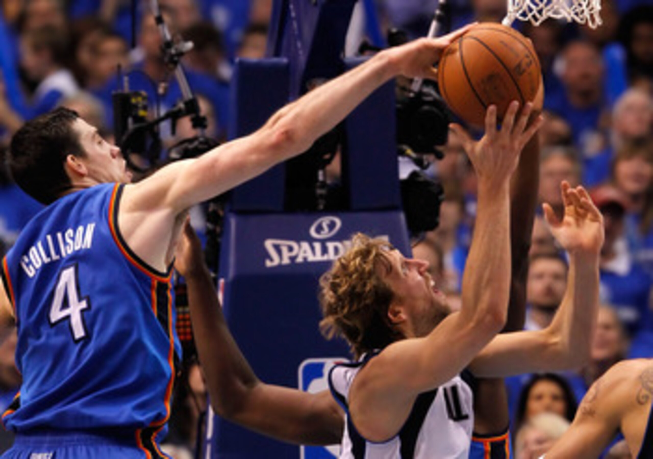 DALLAS, TX - MAY 25:  Nick Collison #4 of the Oklahoma City Thunder attempts to block the shot of Dirk Nowitzki #41 of the Dallas Mavericks in the first half in Game Five of the Western Conference Finals during the 2011 NBA Playoffs at American Airlines C