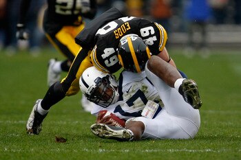 IOWA CITY, IA - NOVEMBER 8:  Line backer A.J. Edds #49 of the Iowa Hawkeyes sacks quarterback Daryll Clark #17 of the Penn State Nittany Lions in the first quarter of play at Kinnick Stadium on November 8, 2008 in Iowa City, Iowa. Iowa defeated Penn State