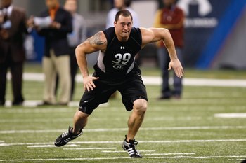 INDIANAPOLIS, IN - FEBRUARY 21:  Offensive lineman Lydon Murtha of Nebraska runs in practice drills during the NFL Scouting Combine presented by Under Armour at Lucas Oil Stadium on February 21, 2009 in Indianapolis, Indiana. (Photo by Scott Boehm/Getty I