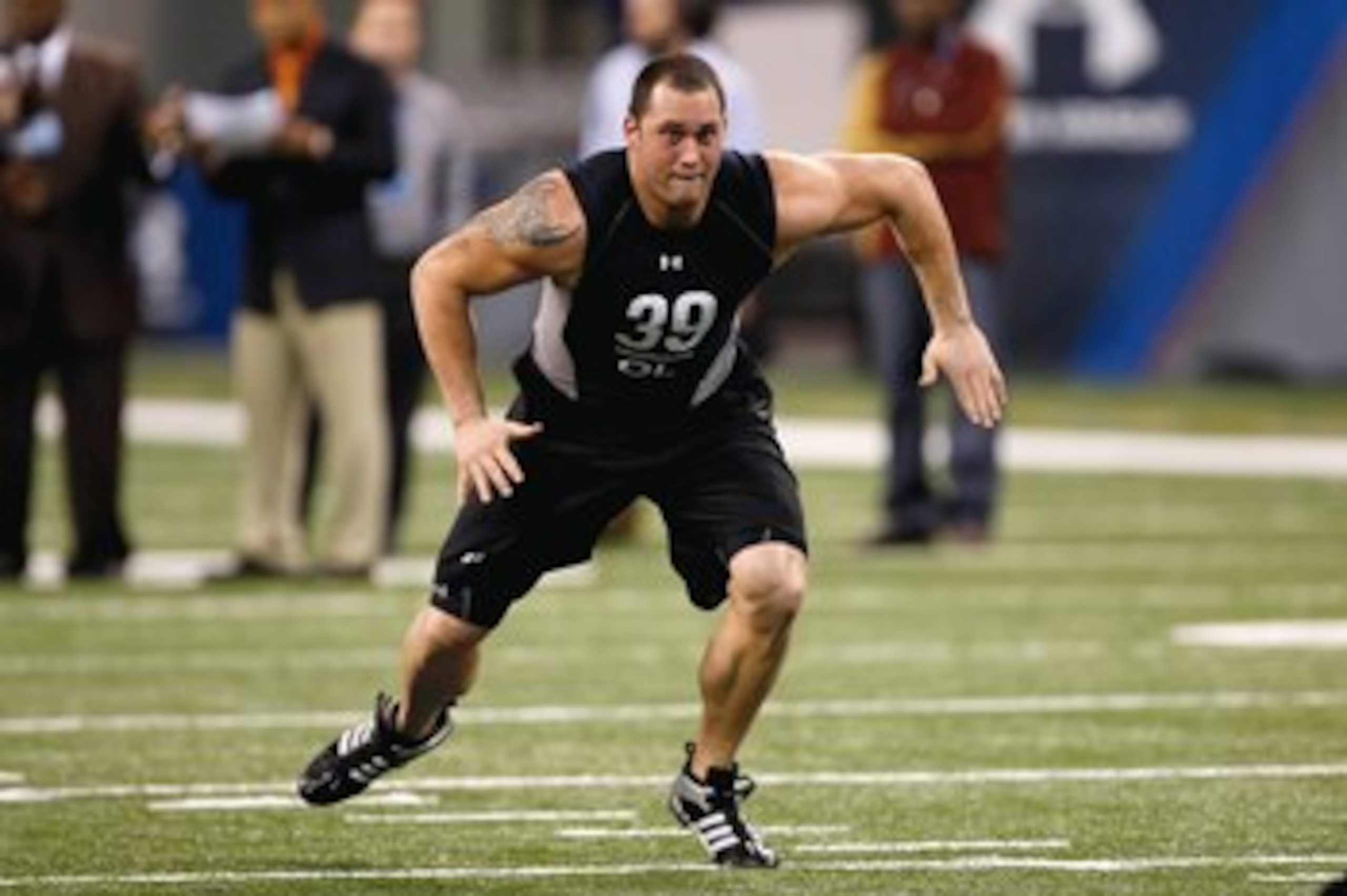 INDIANAPOLIS, IN - FEBRUARY 21:  Offensive lineman Lydon Murtha of Nebraska runs in practice drills during the NFL Scouting Combine presented by Under Armour at Lucas Oil Stadium on February 21, 2009 in Indianapolis, Indiana. (Photo by Scott Boehm/Getty I