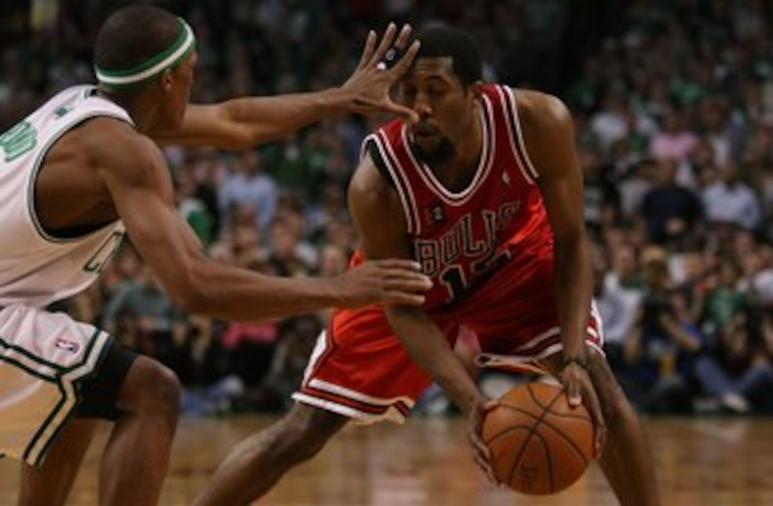 BOSTON - MAY 02:  John Salmons #15 of the Chicago Bulls tries to get around Rajon Rondo #9 of the Boston Celtics in Game Seven of the Eastern Conference Quarterfinals during the 2009 NBA Playoffs at TD Banknorth Garden on May 2, 2009 in Boston, Massachuse