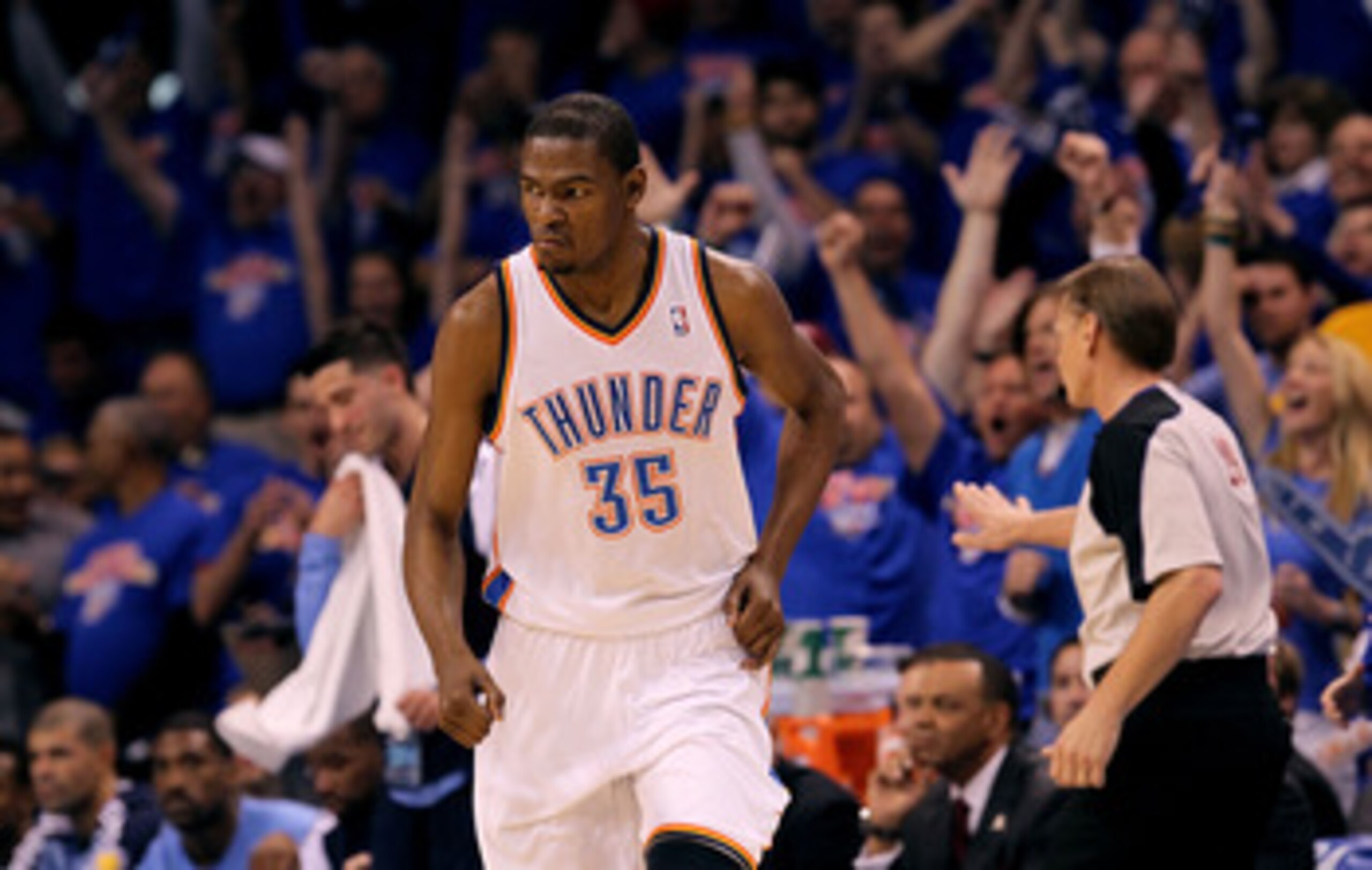 OKLAHOMA CITY, OK - MAY 15:  Forward Kevin Durant #35 of the Oklahoma City Thunder reacts after making a three-point shot against the Memphis Grizzlies in Game Seven of the Western Conference Semifinals in the 2011 NBA Playoffs on May 15, 2011 at Oklahoma