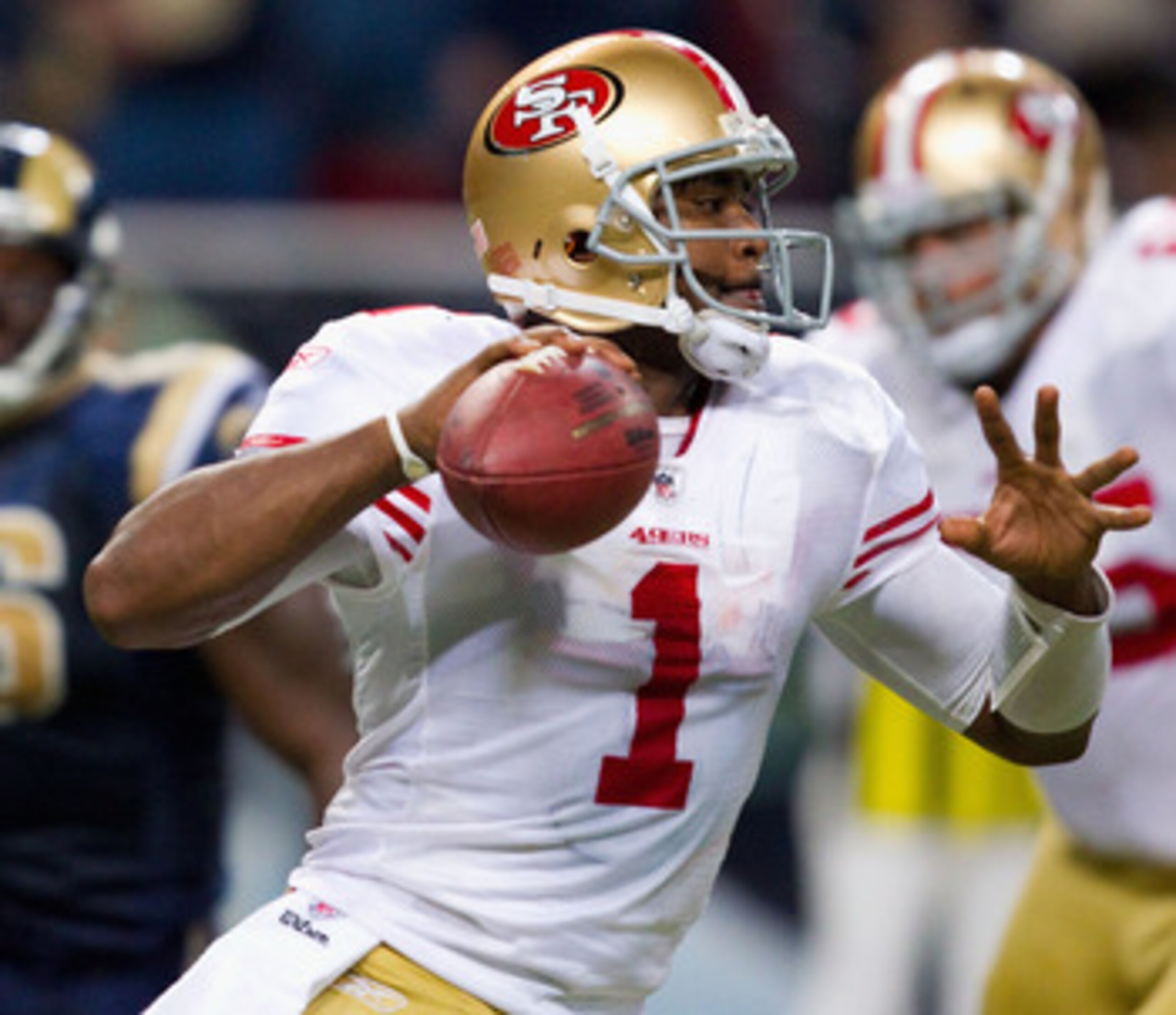 ST. LOUIS, MO - DECEMBER 26: Troy Smith #1 of the San Francisco 49ers looks to pass against the St. Louis Rams at the Edward Jones Dome on December 26, 2010 in St. Louis, Missouri. The Rams beat the 49ers 25-17. (Photo by Dilip Vishwanat/Getty Images)