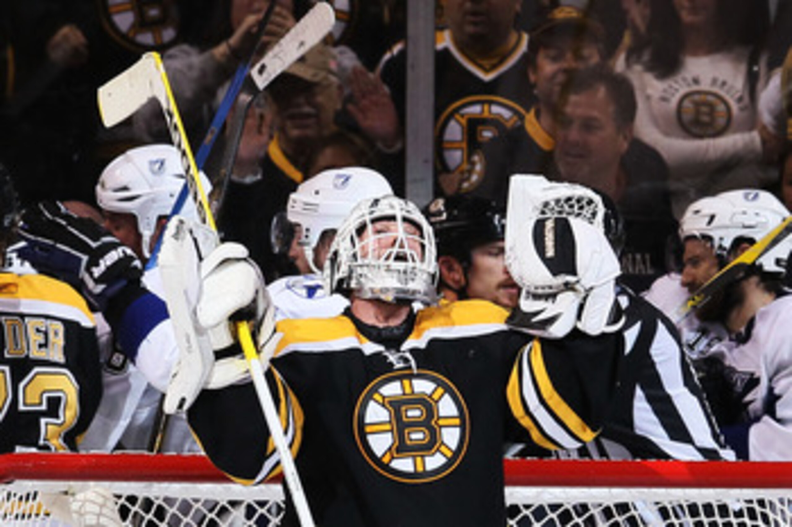 BOSTON, MA - MAY 23:  Tim Thomas #30 of the Boston Bruins celebrates their 3 to 1 victory over the Tampa Bay Lightning in Game Five of the Eastern Conference Finals during the 2011 NHL Stanley Cup Playoffs at TD Garden on May 23, 2011 in Boston, Massachus