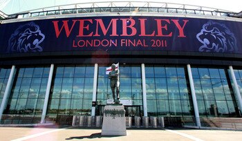 LONDON, ENGLAND - MAY 24 :   A general view of Wembley Stadium as preparations continue for the Champions League Final, May 24, 2011 in London, England. The UEFA Champions League final between FC Barcelona and Manchester United FC will be held at Wembley