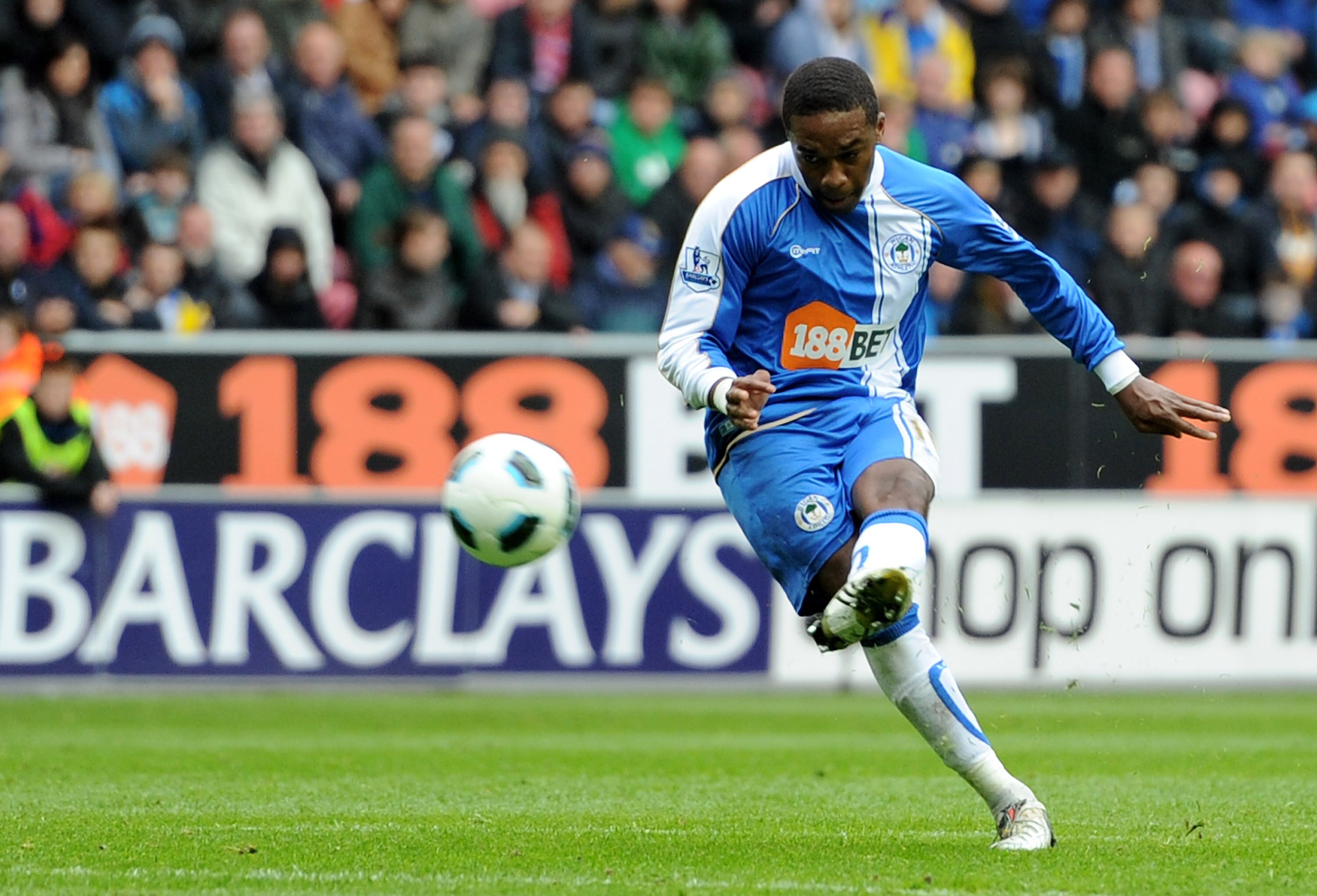 WIGAN, ENGLAND - MAY 15:  Charles N'Zogbia of Wigan Athletic scores his team's first goal during the Barclays Premier League match between Wigan Athletic and West Ham United at the DW Stadium on May 15, 2011 in Wigan, England.  (Photo by Chris Brunskill/G