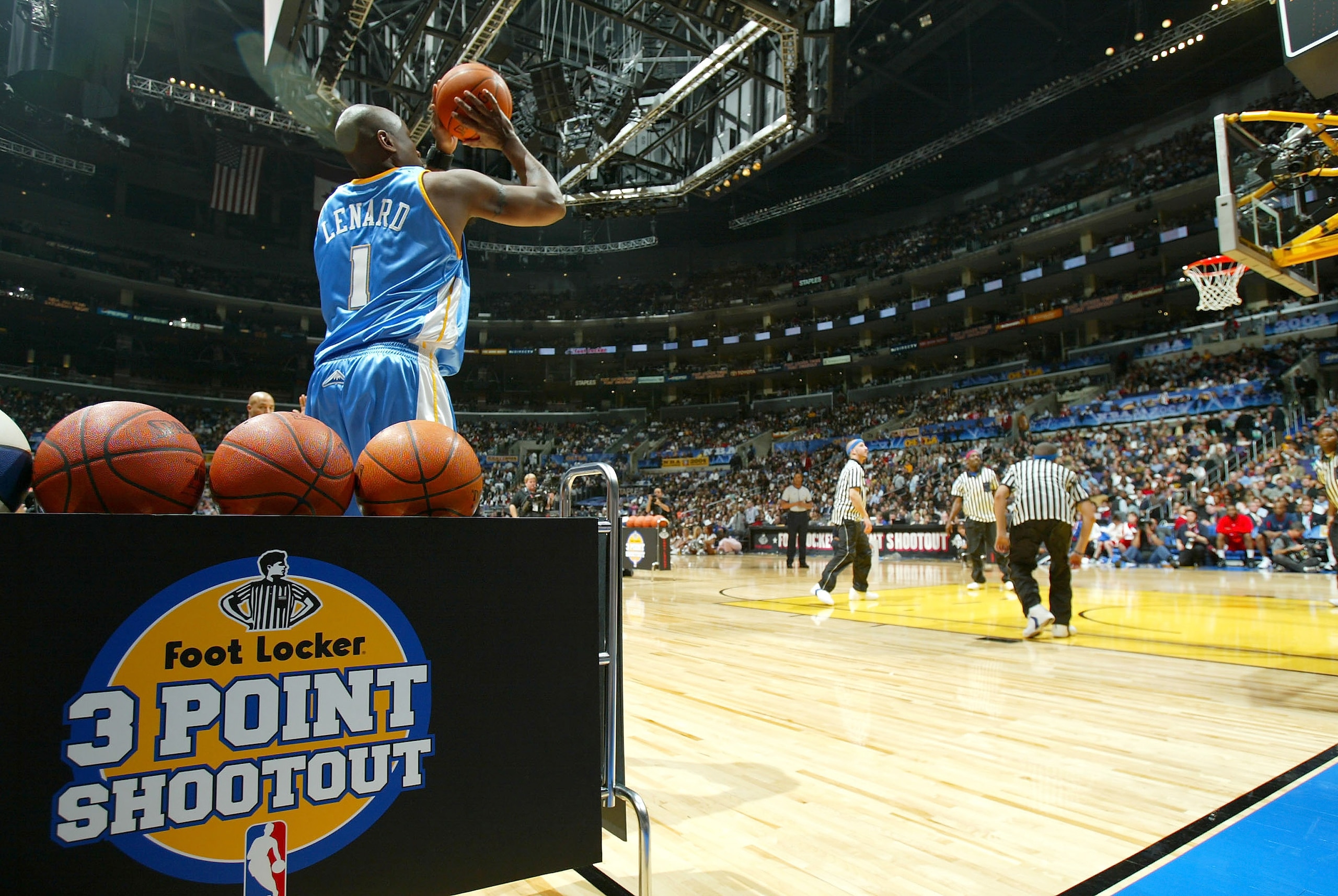 LOS ANGELES - FEBRUARY 14:  Voshon Lenard #1 of the Denver Nuggets shoots in route to winning the Foot Locker Three-Point Shootout, part of the 53rd NBA All-Star weekend at the Staples Center on February 14, 2004 in Los Angeles, California.  NOTE TO USER: