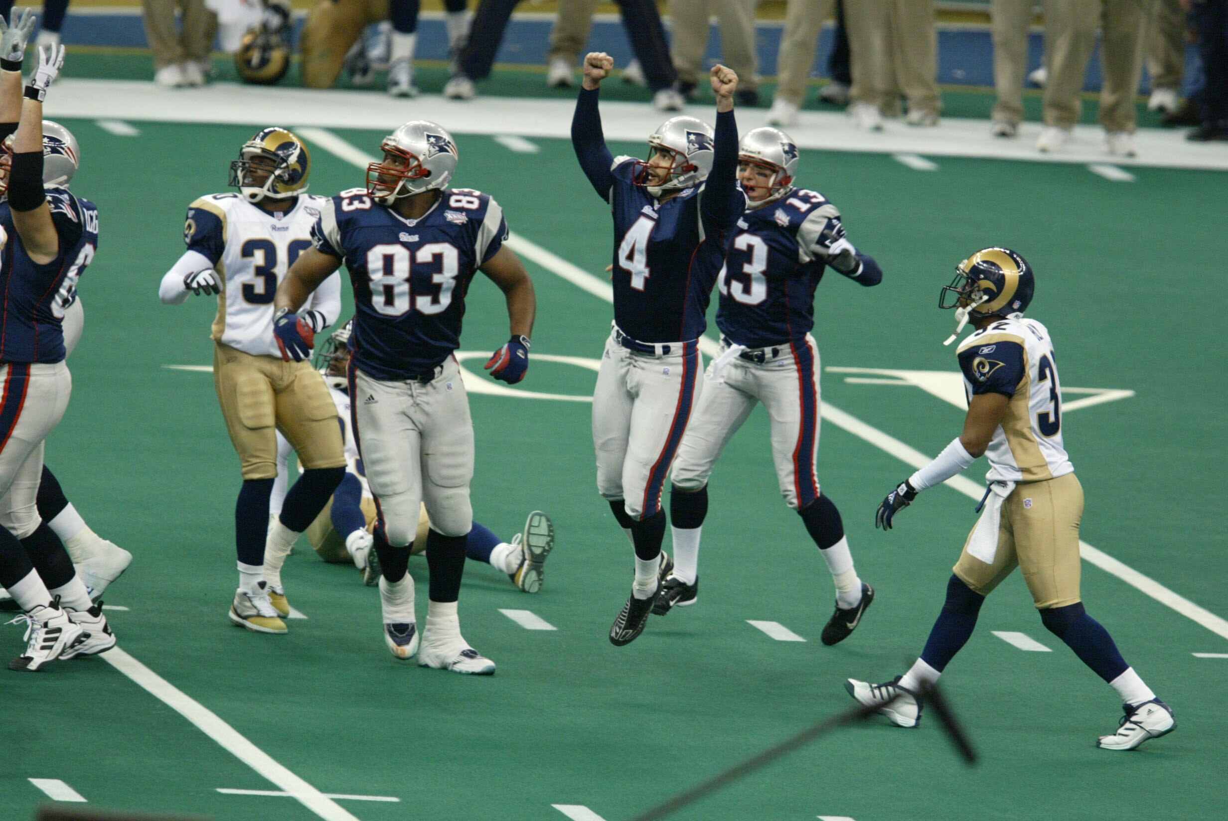 03 Feb 2002:  Adam Vinatieri #4 of the New England Patriots breaks  into celebration after kicking the game winning field goal against the St.Louis Rams during Superbowl XXXVI at the Superdome in New Orleans, Louisiana.  The Patriots defeated the Rams 20-