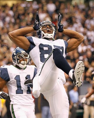 NEW ORLEANS - NOVEMBER 21:  Ben Obomanu #87 of the Seattle Seahawks reacts after scoring a touchdown against the New Orleans Saints at Louisiana Superdome on November 21, 2010 in New Orleans, Louisiana.  (Photo by Kevin C. Cox/Getty Images)