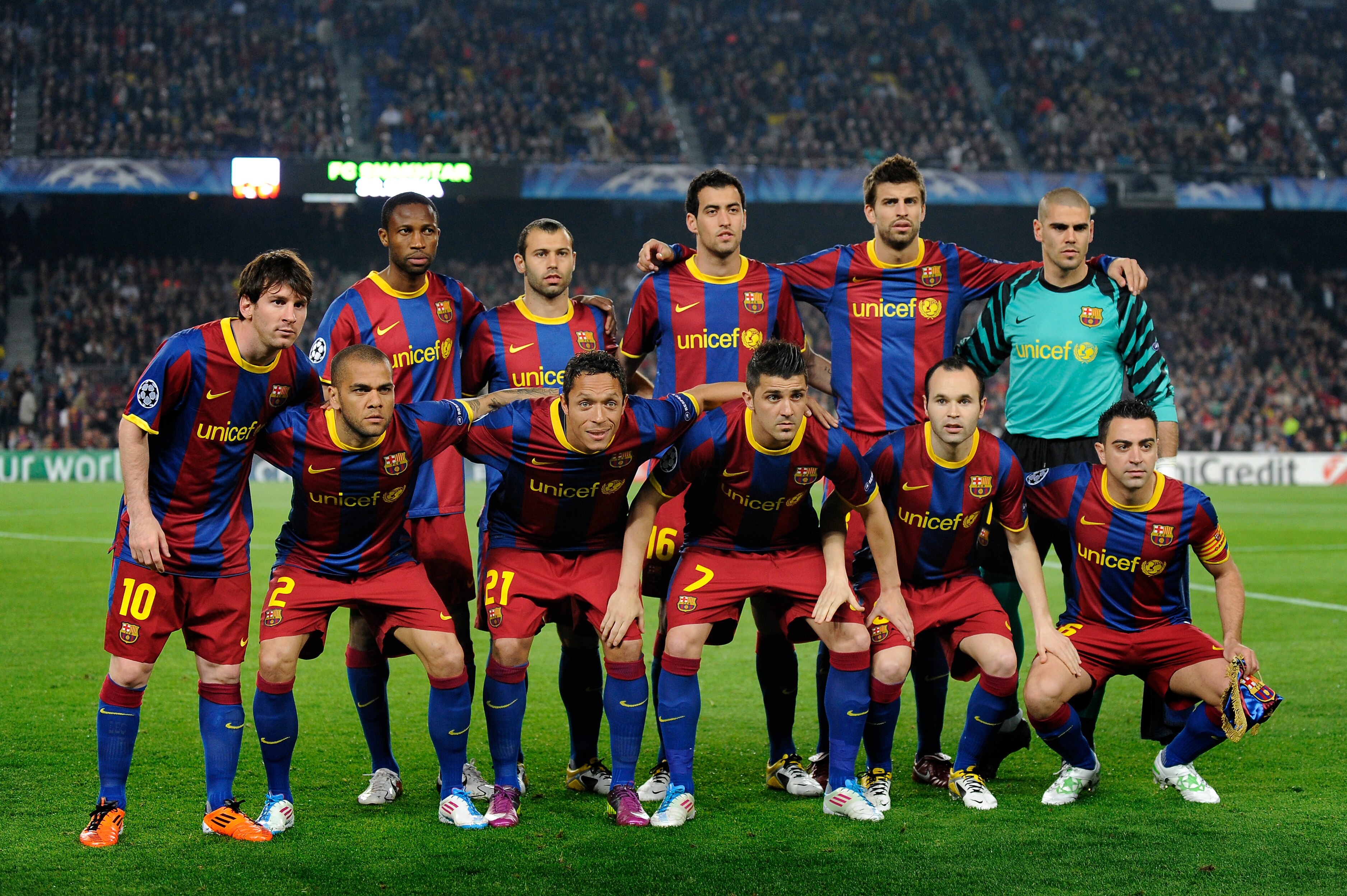BARCELONA, SPAIN - APRIL 06: (L-R back row)) Seydou Keita, Javier Mascherano, Sergio Busquets, Gerard Pique and Victor Valdes (L-R front row) Lionel Messi, Dani Alves, Adriano, David Villa, Andres Iniesta and Xavi Hernandez of FC Barcelona pose for a team