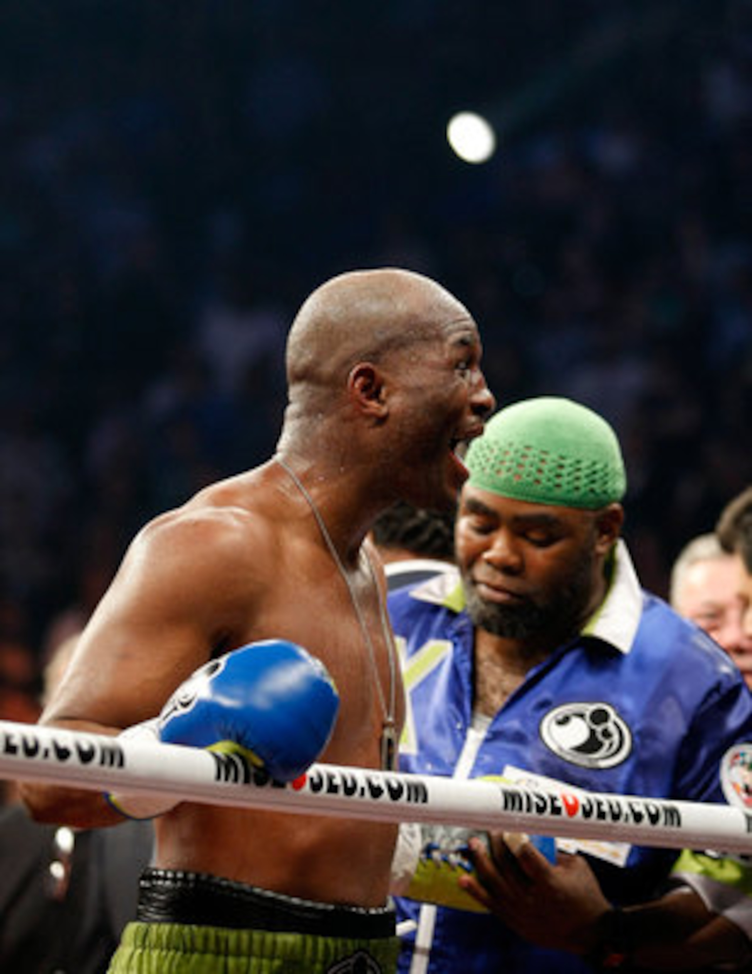 MONTREAL, CANADA - MAY 21:  Bernard Hopkins talks to fans while waiting for the judges score cards to be tallied during the WBC Light-Heavyweight Championship fight between Bernard Hopkins and Jean Pascal at the Bell Centre on May 22, 2011 in Montreal, Qu