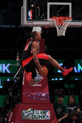 LOS ANGELES, CA - FEBRUARY 19:  DeMar DeRozan of the Toronto Raptors goes up for a dunk in the Sprite Slam Dunk Contest apart of NBA All-Star Saturday Night at Staples Center on February 19, 2011 in Los Angeles, California. NOTE TO USER: User expressly ac