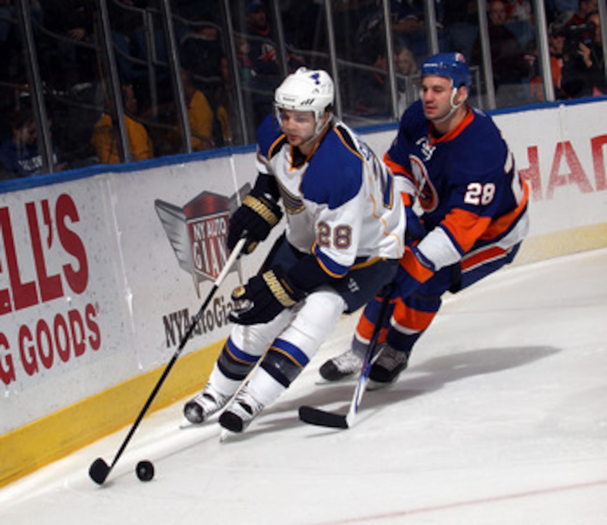 UNIONDALE, NY - MARCH 05: Carlo Colaiacovo #28 of the St. Louis Blues skates against the New York Islanders at the Nassau Coliseum on March 5, 2011 in Uniondale, New York. (Photo by Bruce Bennett/Getty Images) UNIONDALE, NY - MARCH 05: Carlo Colaiacovo #28 of the St. Louis Blues skates against the New York Islanders at the Nassau Coliseum on March 5, 2011 in Uniondale, New York. (Photo by Bruce Bennett/Getty Images)