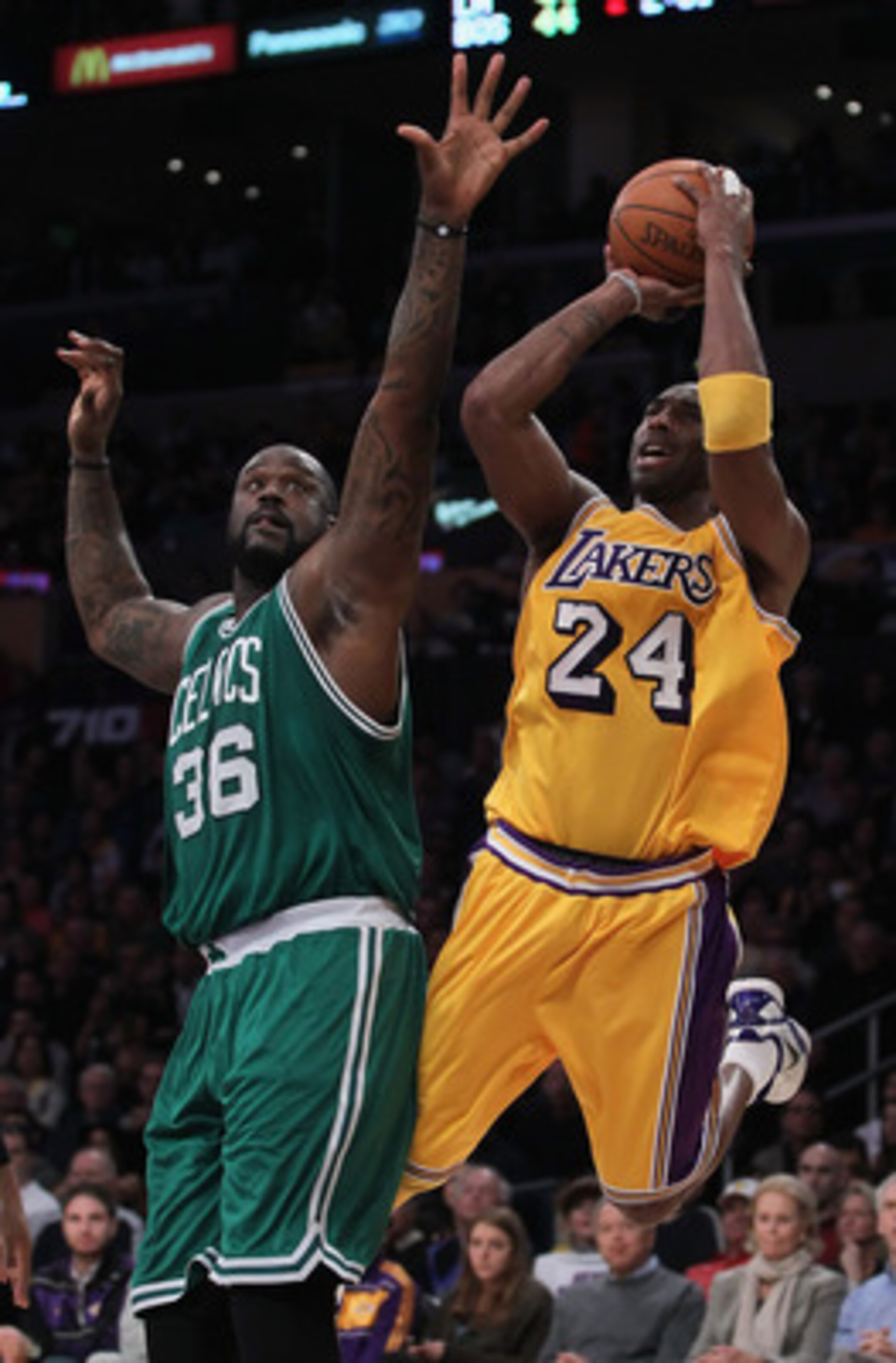 LOS ANGELES, CA - JANUARY 30: Kobe Bryant #24 of the Los Angeles Lakers is fouled while shooting by Shaquille O'Neal #36 of the Boston Celtics in the first half at Staples Center on January 30, 2011 in Los Angeles, California. (Photo by Jeff Gross/Getty LOS ANGELES, CA - JANUARY 30: Kobe Bryant #24 of the Los Angeles Lakers is fouled while shooting by Shaquille O'Neal #36 of the Boston Celtics in the first half at Staples Center on January 30, 2011 in Los Angeles, California. (Photo by Jeff Gross/Getty