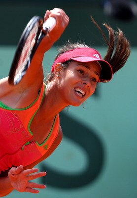 PARIS, FRANCE - MAY 24:  Ana Ivanovic of Serbia serves during the women's singles round one match between Johanna Larsson of Sweden and Ana Ivanovic of Serbia on day three of the French Open at Roland Garros on May 24, 2011 in Paris, France.  (Photo by Cl