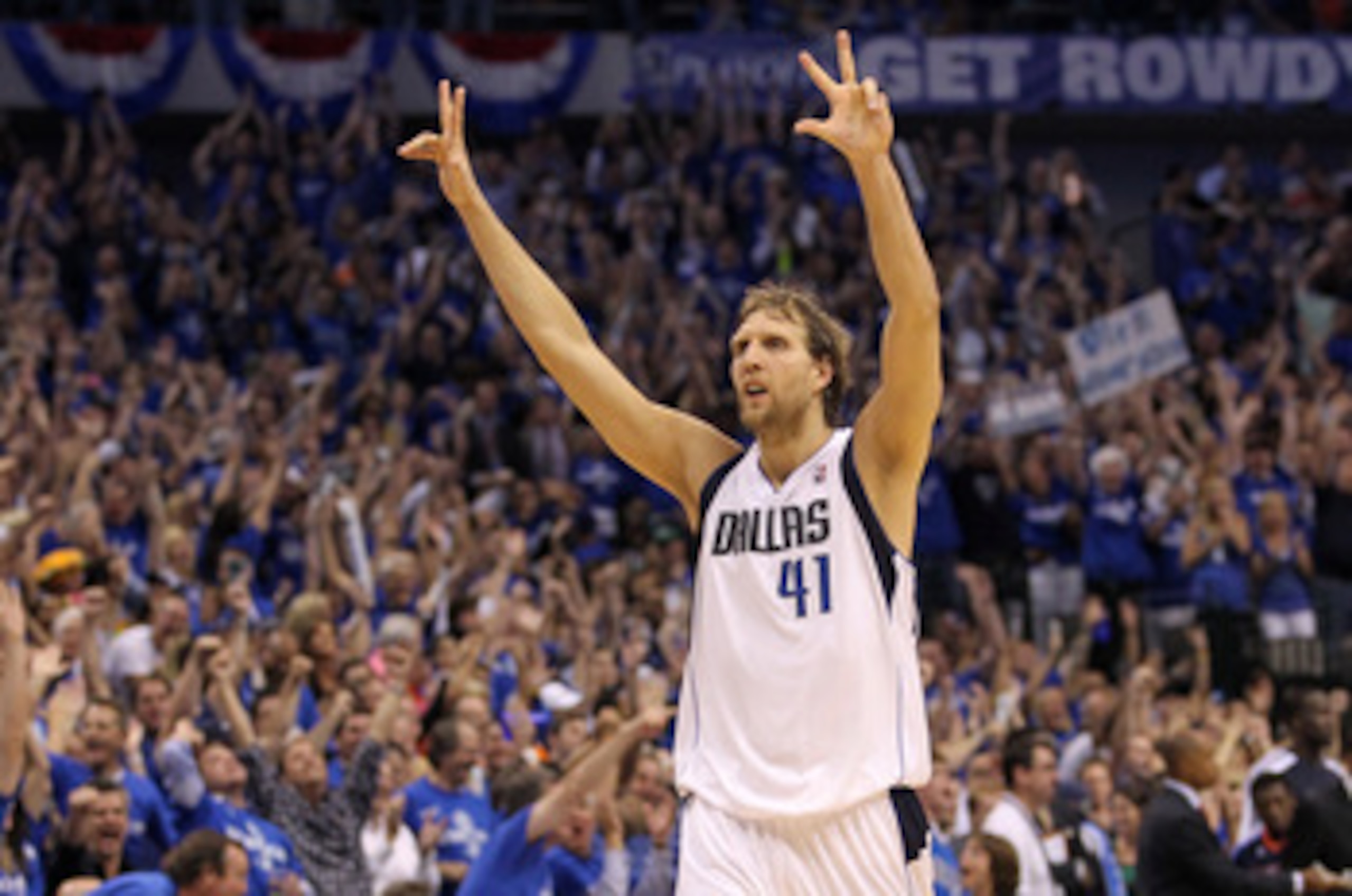 DALLAS, TX - MAY 25:  Dirk Nowitzki #41 of the Dallas Mavericks reacts after making a three-pointer in the fourth quarter while taking on the Oklahoma City Thunder in Game Five of the Western Conference Finals during the 2011 NBA Playoffs at American Airl