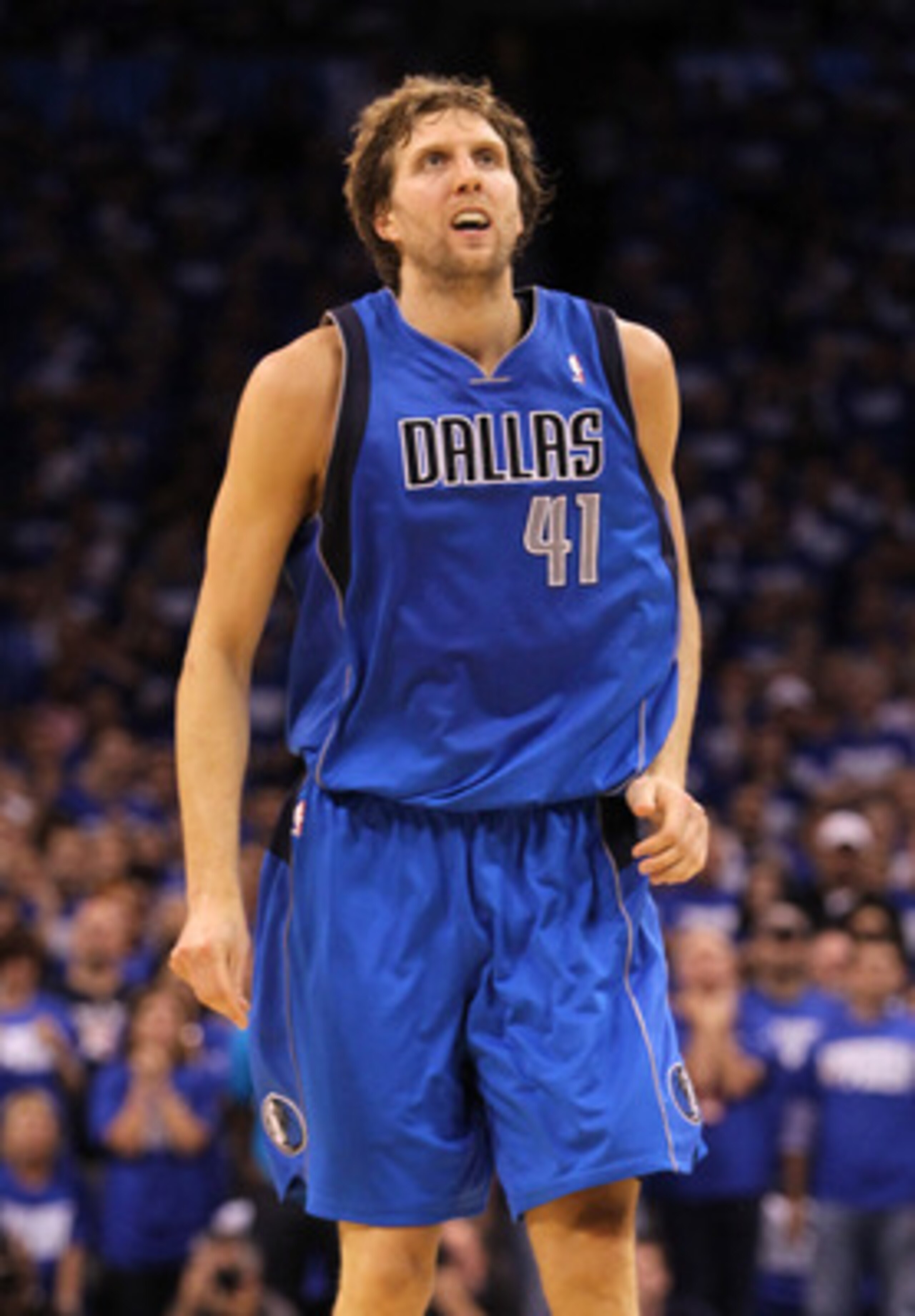 OKLAHOMA CITY, OK - MAY 21:  Dirk Nowitzki #41 of the Dallas Mavericks looks on while taking on the Oklahoma City Thunder in Game Three of the Western Conference Finals during the 2011 NBA Playoffs at Oklahoma City Arena on May 21, 2011 in Oklahoma City, 