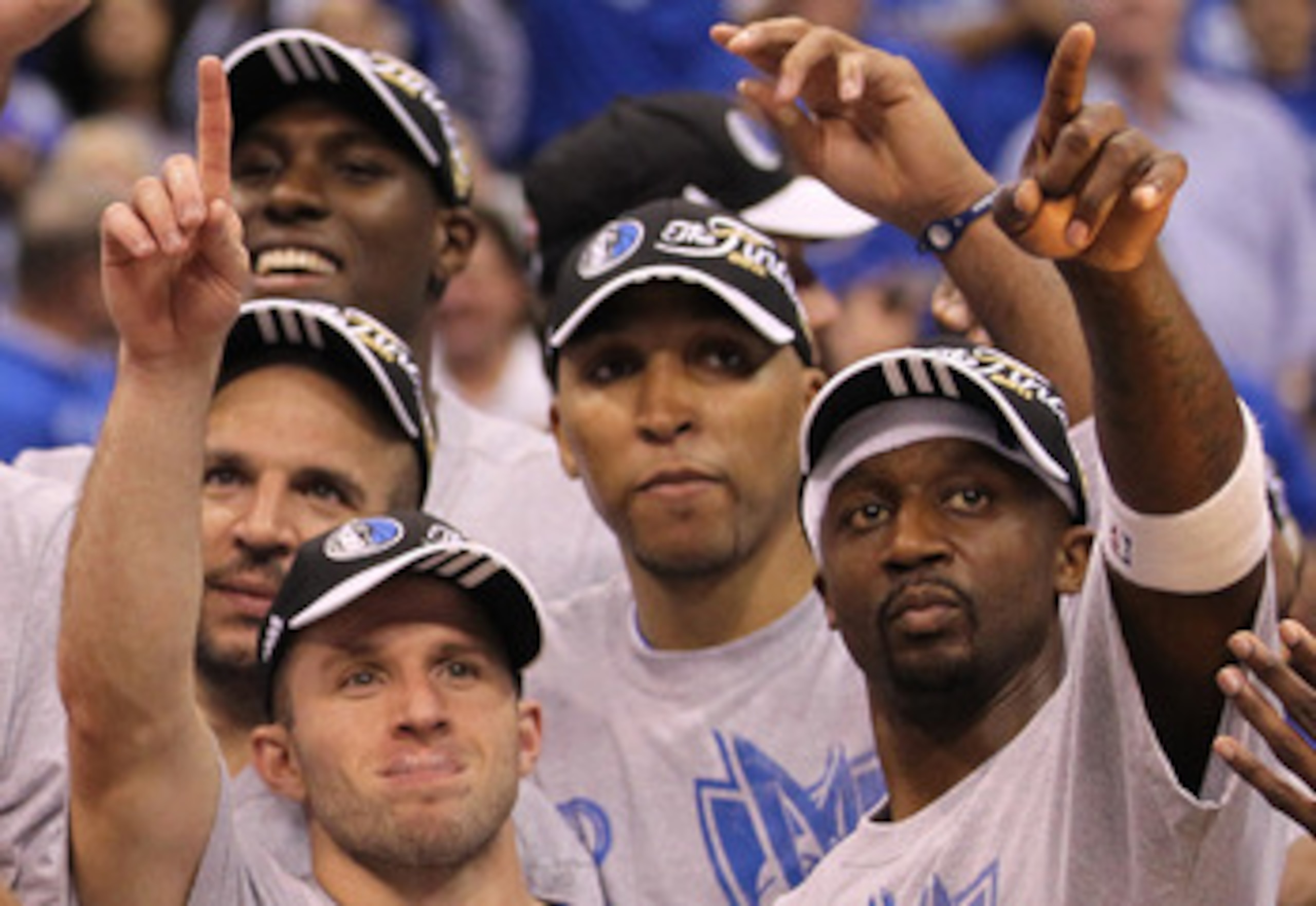 DALLAS, TX - MAY 25:  Jason Kidd #2, Jose Juan Barea #11, Shawn Marion #0 and Jason Terry #31 and the Dallas Mavericks celebrate their 100-96 victory against the Oklahoma City Thunder in Game Five of the Western Conference Finals during the 2011 NBA Playo