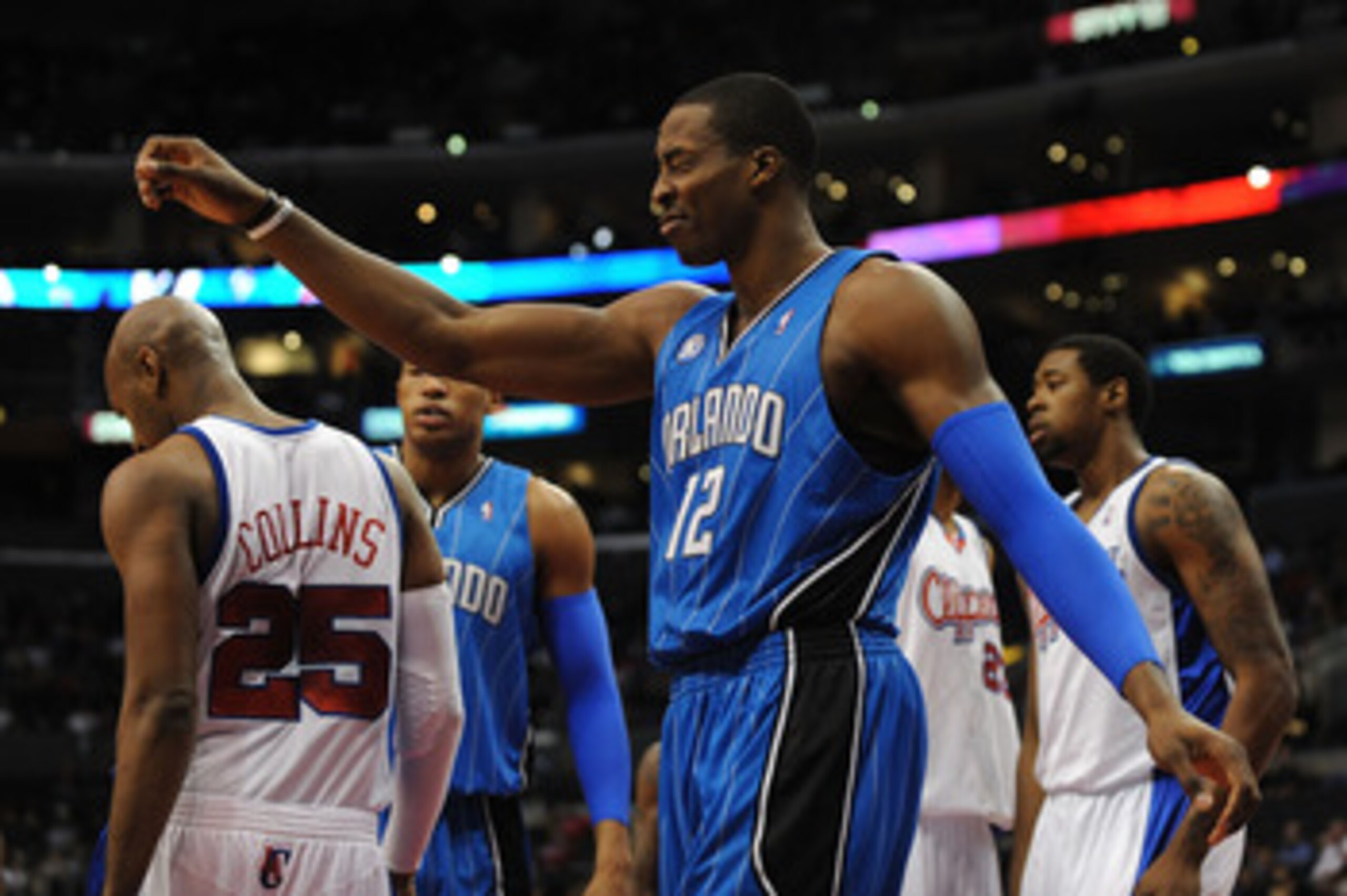 LOS ANGELES, CA - DECEMBER 08:  Dwight Howard #12 of the Orlando Magic reacts to a foul called against the Los Angeles Clippers during the first quarter at the Staples Center on December 8, 2008 in Los Angeles, California.   The Magic won 95-88.  NOTE TO