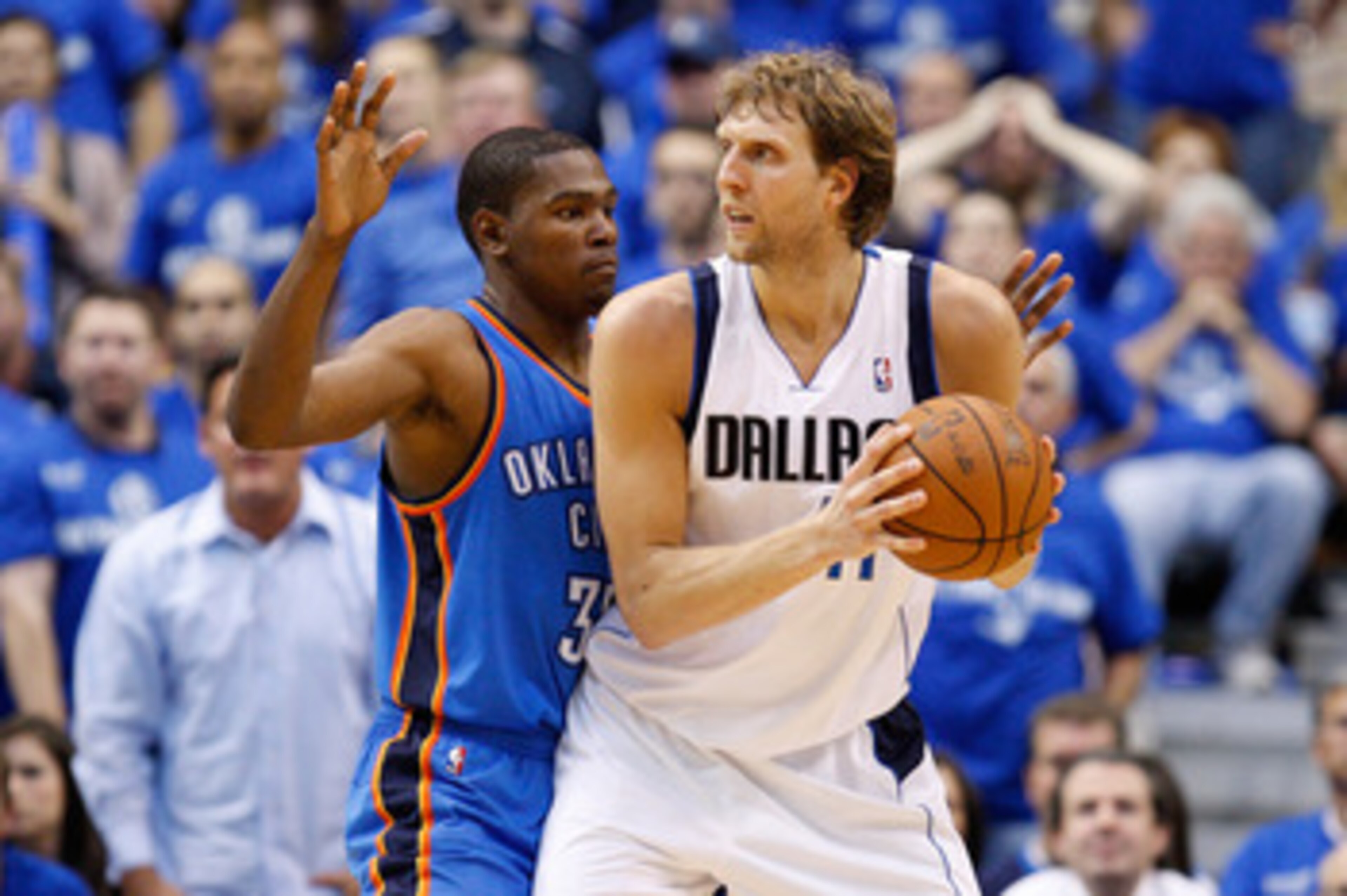 DALLAS, TX - MAY 19:  Dirk Nowitzki #41 of the Dallas Mavericks posts up Kevin Durant #35 of the Oklahoma City Thunder in the second half in Game Two of the Western Conference Finals during the 2011 NBA Playoffs at American Airlines Center on May 19, 2011