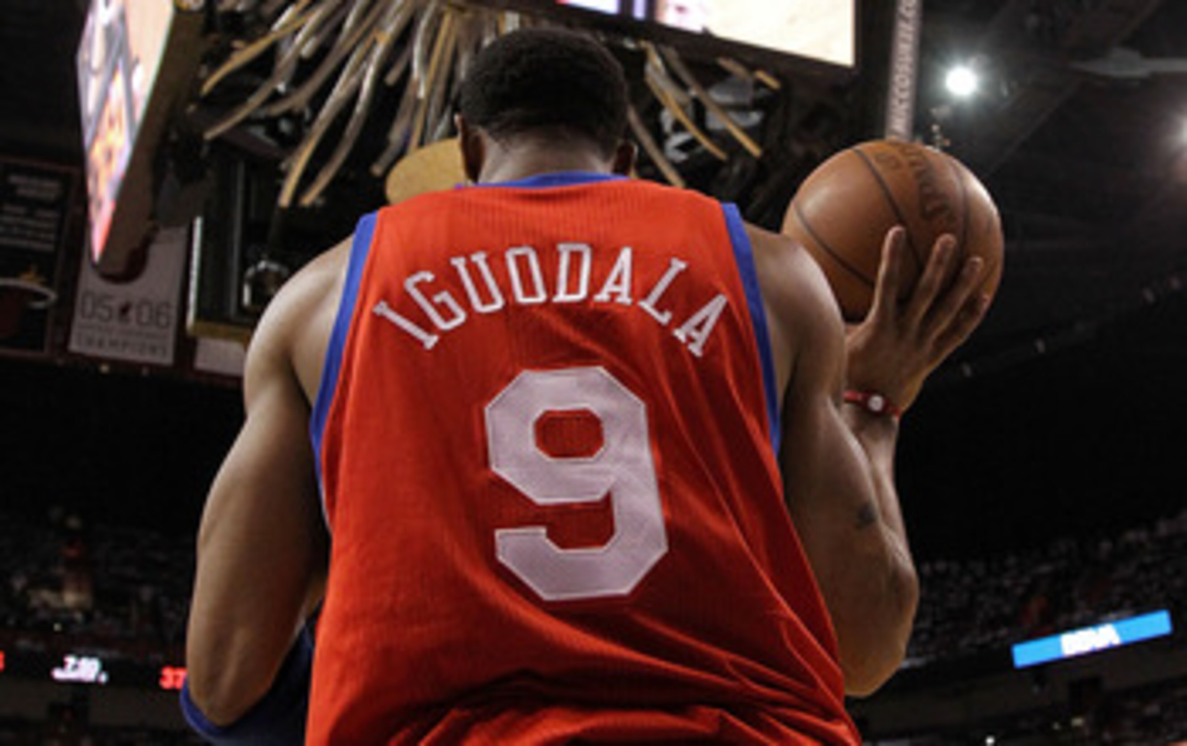 MIAMI, FL - APRIL 18:  Andre Iguodala #9 of the Philadelphia 76ers inbounds the ball   during game two of the Eastern Conference Quarterfinals against the Miami Heat  at American Airlines Arena on April 18, 2011 in Miami, Florida. NOTE TO USER: User expre
