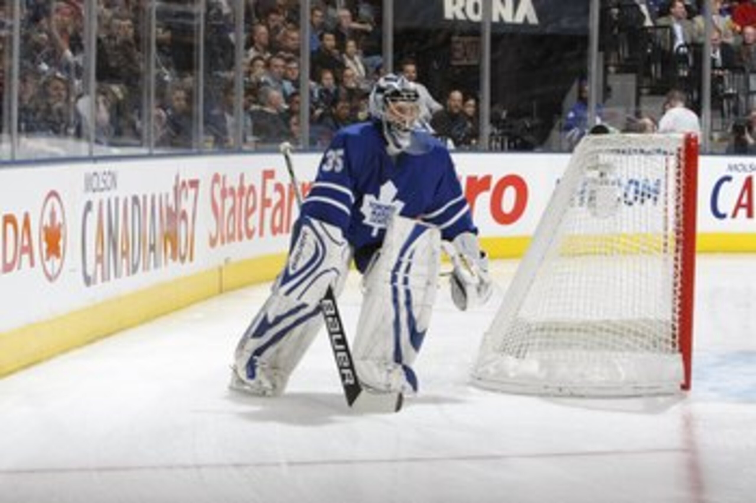 TORONTO - DECEMBER 16: Goaltender Vesa Toskala #35 of the Toronto Maple Leafs skates his net during their NHL game against the Phoenix Coyotes at the Air Canada Centre on December 16, 2009 in Toronto, Ontario, Canada.(Photo By Dave Sandford/Getty Images) TORONTO - DECEMBER 16: Goaltender Vesa Toskala #35 of the Toronto Maple Leafs skates his net during their NHL game against the Phoenix Coyotes at the Air Canada Centre on December 16, 2009 in Toronto, Ontario, Canada.(Photo By Dave Sandford/Getty Images)