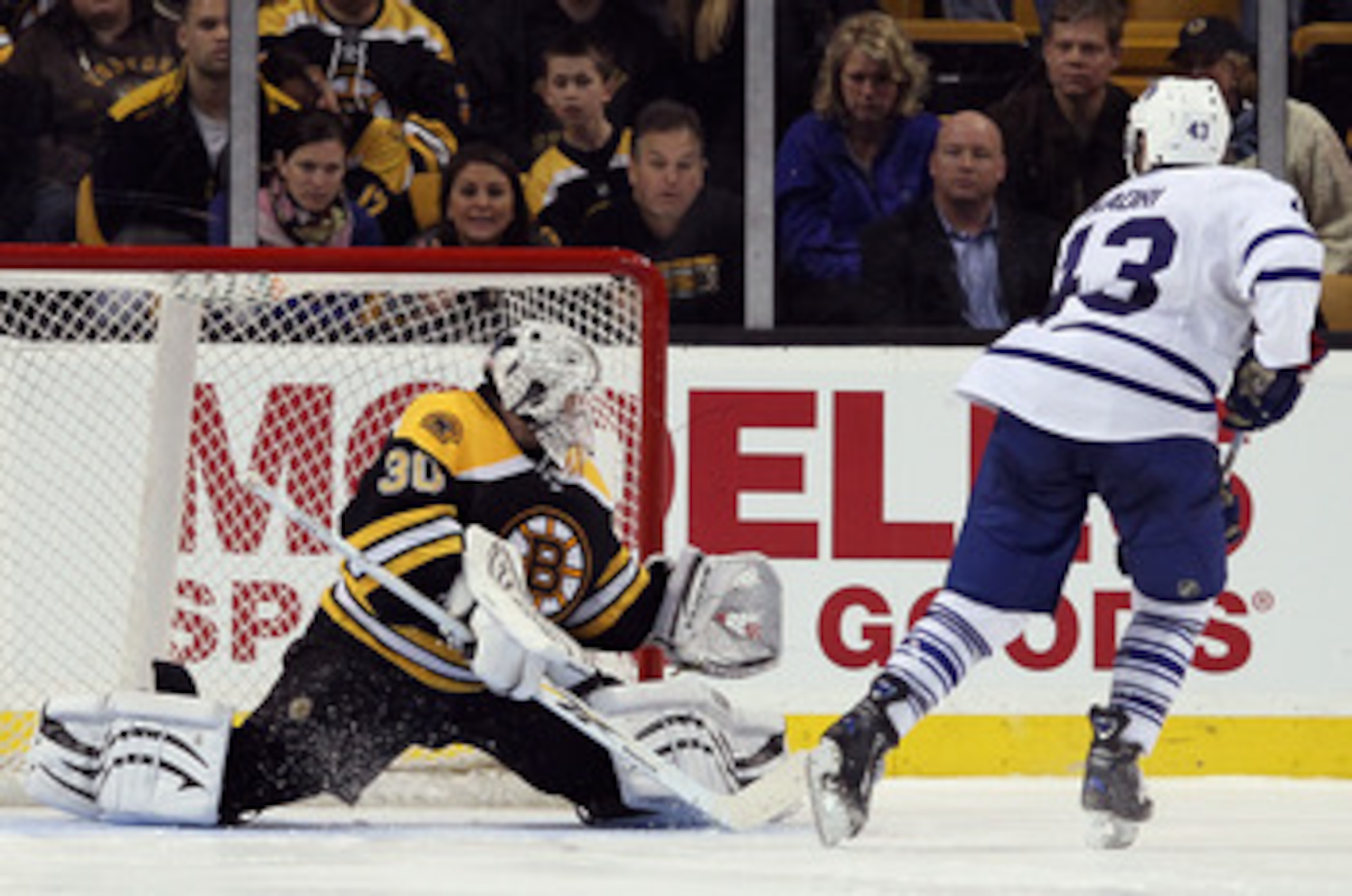 BOSTON, MA - MARCH 31: Nazem Kadri #43 of the Toronto Maple Leafs shoots the game winner past Tim Thomas #30 of the Boston Bruins on March 31, 2011 at the TD Garden in Boston, Massachusetts. The Toronto Maple Leafs defeated the Boston Bruins 4-3 in an ov BOSTON, MA - MARCH 31: Nazem Kadri #43 of the Toronto Maple Leafs shoots the game winner past Tim Thomas #30 of the Boston Bruins on March 31, 2011 at the TD Garden in Boston, Massachusetts. The Toronto Maple Leafs defeated the Boston Bruins 4-3 in an ov