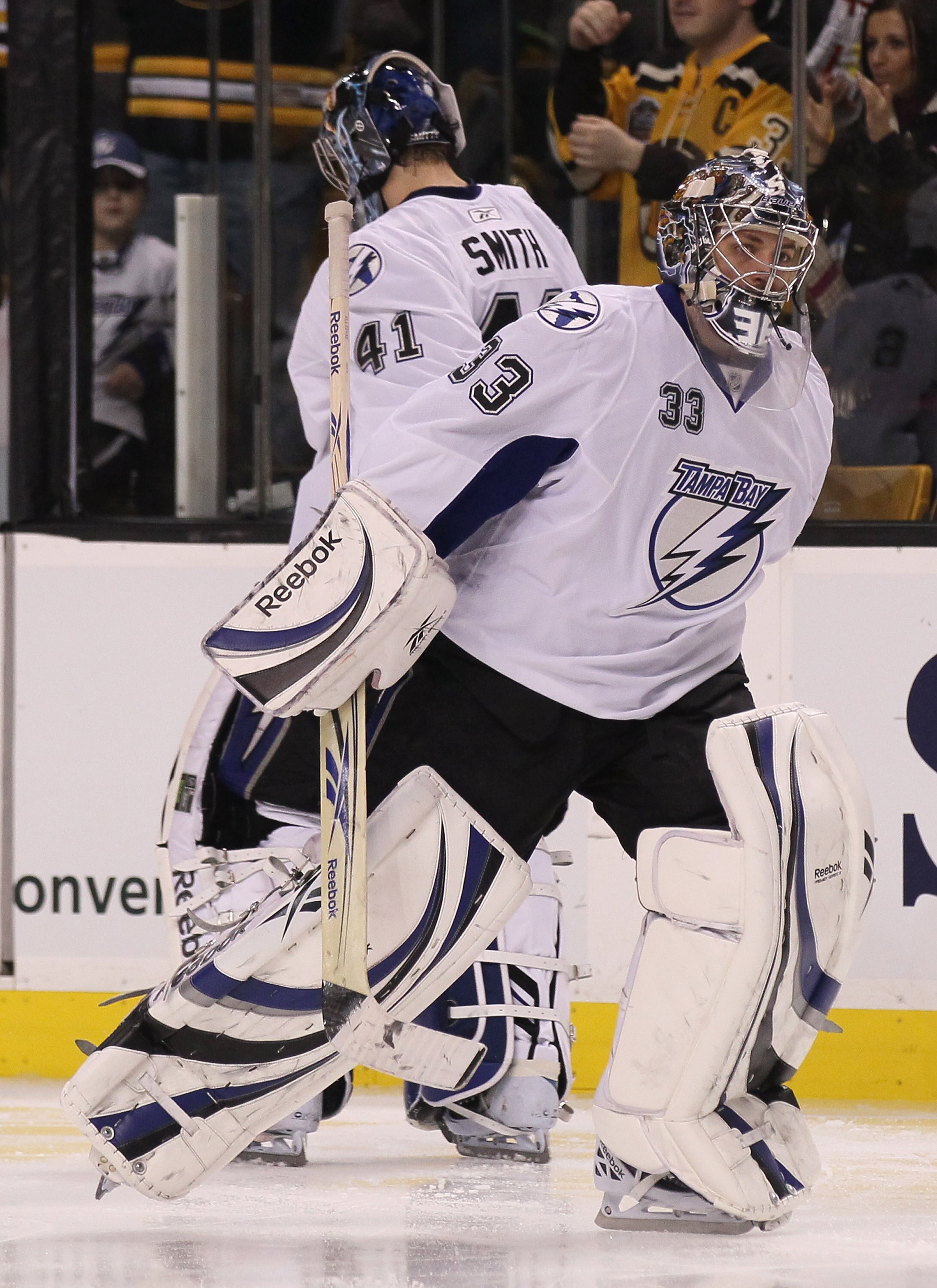 BOSTON, MA - DECEMBER 02:  Goaltender Mike Smith #41 of the Tampa Bay Lightning is replaced by Dan Ellis #33 in the third period against the Boston Bruins on December 2, 2010 at the TD Garden in Boston, Massachusetts. The Bruins defeated the Lightning 8-1