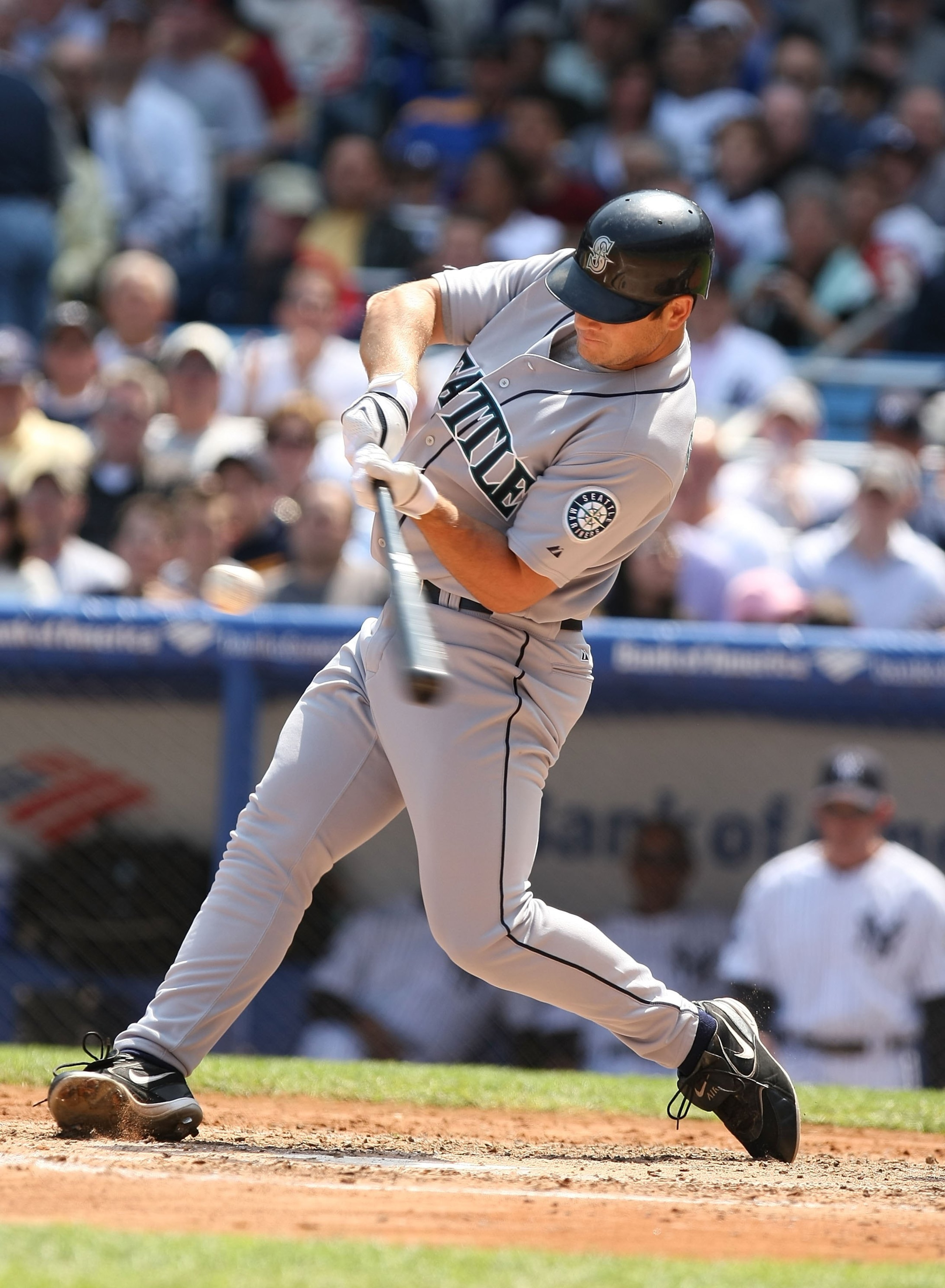BRONX, NY - MAY 04:  Jeff Clement #9 of the Seattle Mariners bats against the New York Yankees during their game on May 4, 2008 at Yankee Stadium in The Bronx Borough of  New York  (Photo by Al Bello/Getty Images)
