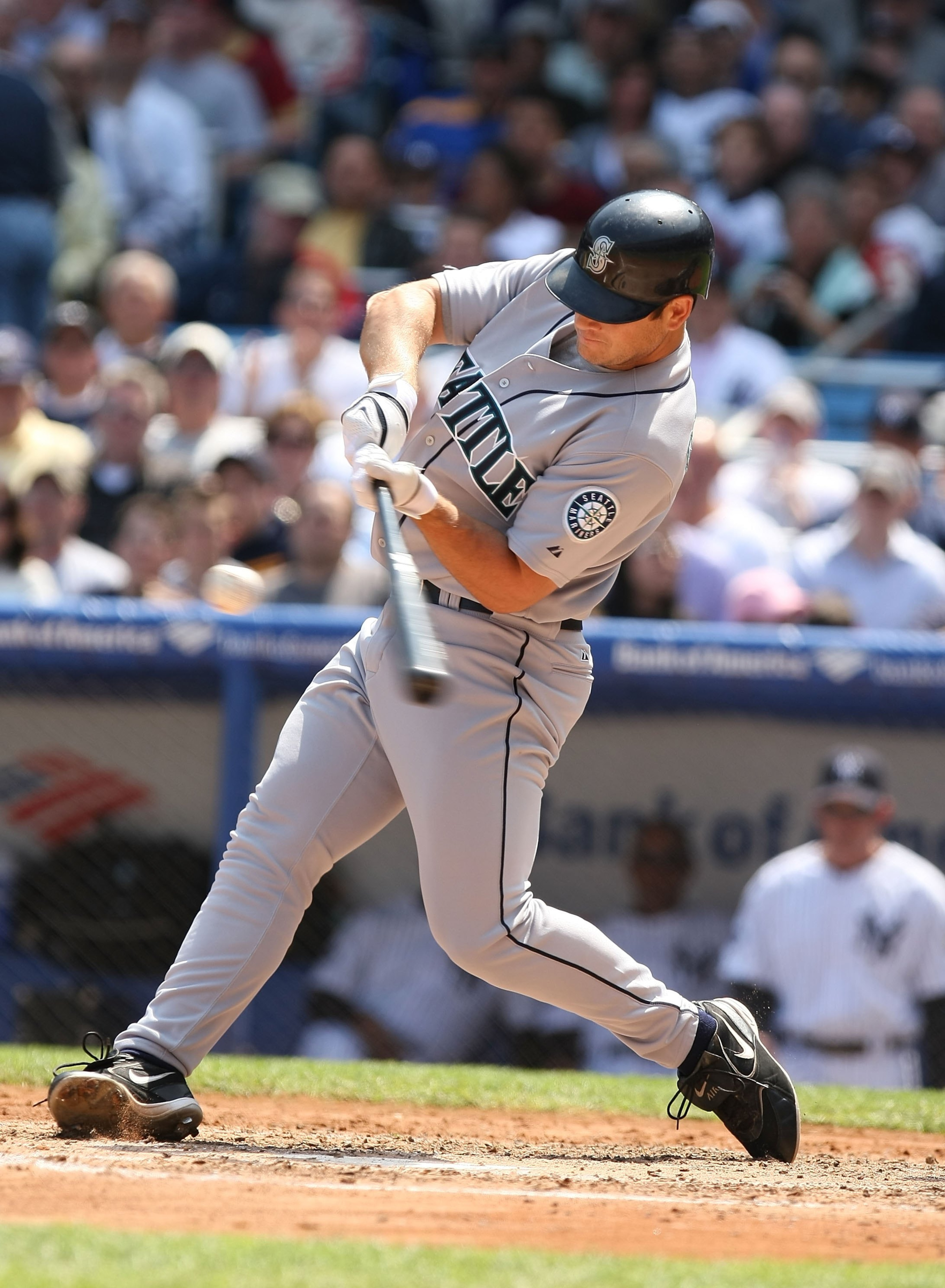 BRONX, NY - MAY 04:  Jeff Clement #9 of the Seattle Mariners bats against the New York Yankees during their game on May 4, 2008 at Yankee Stadium in The Bronx Borough of  New York  (Photo by Al Bello/Getty Images)