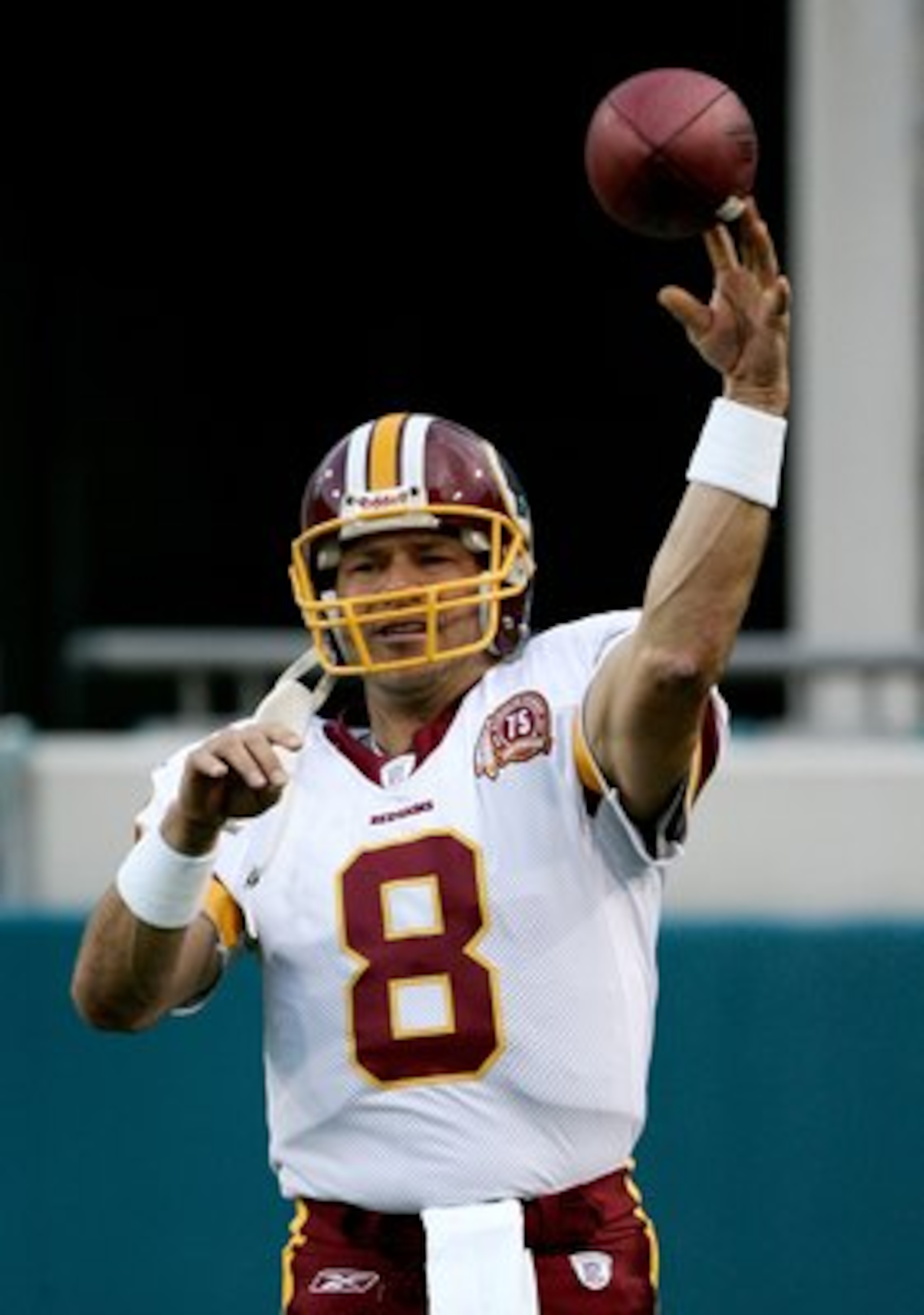JACKSONVILLE, FL - AUGUST 30:  Mark Brunell #8 of the Washington Redskins warms up in a preseason game against the Jacksonville Jaguars on August 30, 2007 at Alltell Stadium in Jacksonville, Florida.  The Jaguars won 31-14.  (Photo by Sam Greenwood/Getty 
