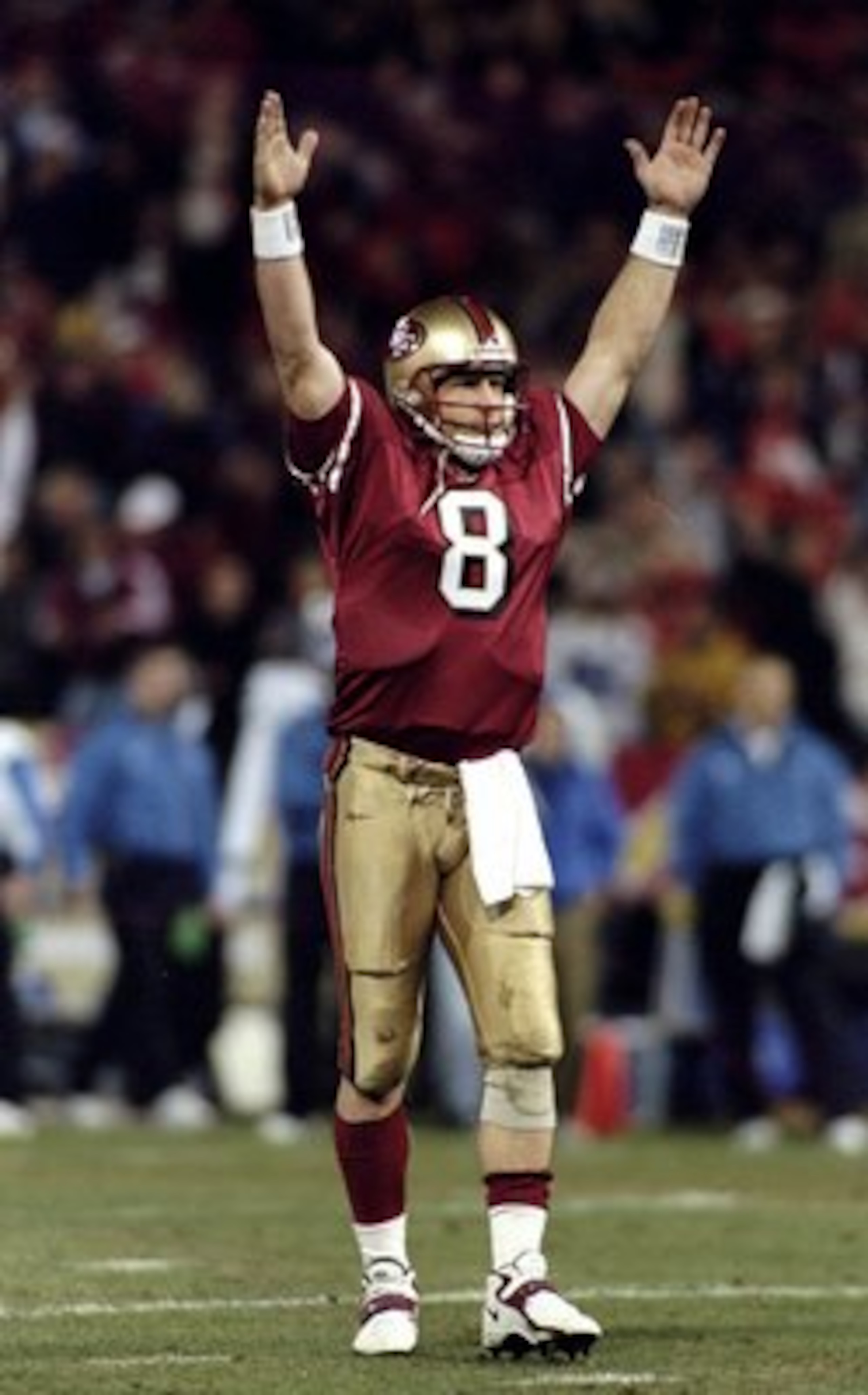 14 Dec 1998: Quarterback Steve Young #8 of the San Francisco 49ers celebrates during a game against the Detroit Lions at 3Com Park in San Francisco, California. The 49ers defeated the Lions 35-13.