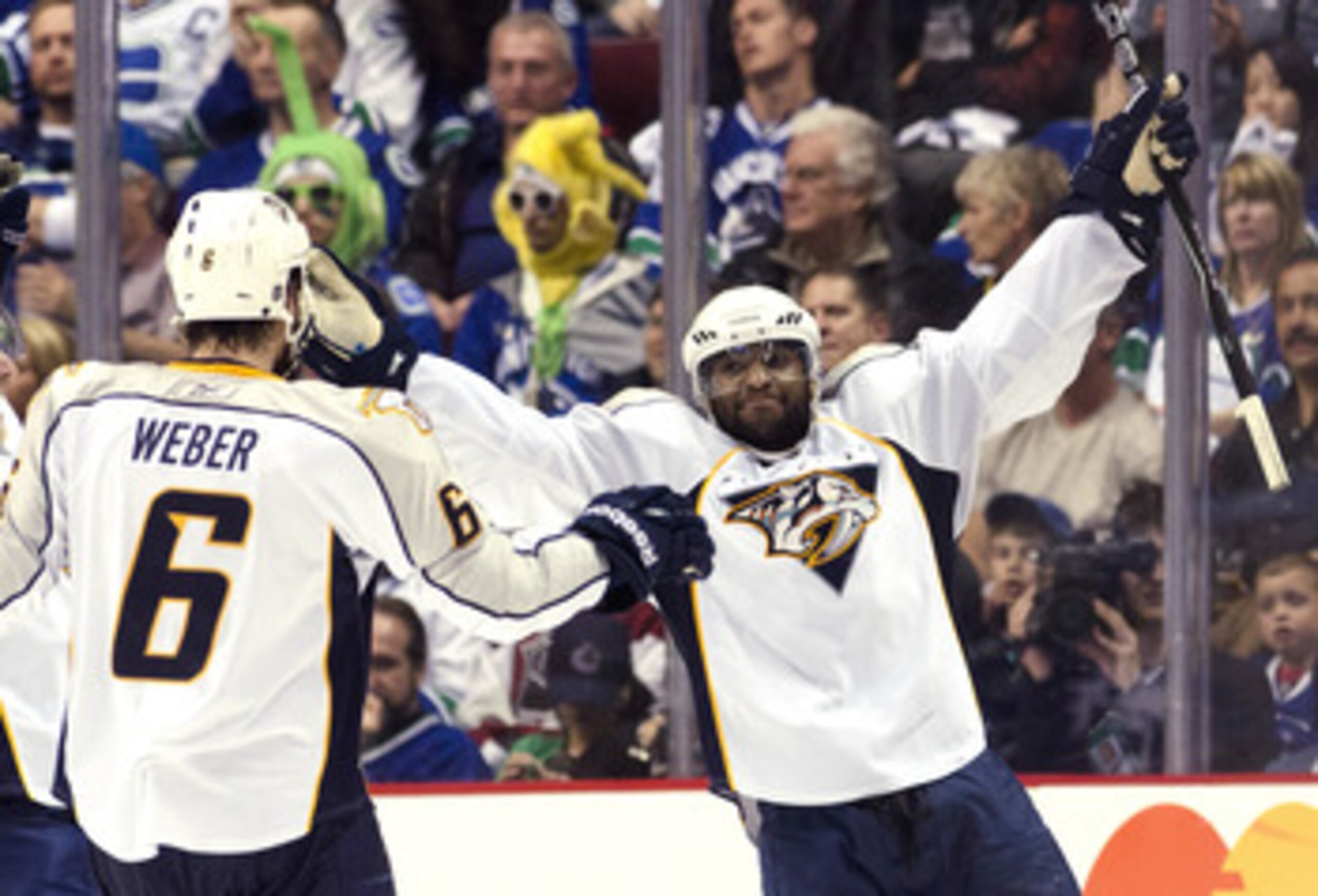 VANCOUVER, CANADA - MAY 7: Joel Ward #29 celebrates with Shea Weber #6 of the Nashville Predators after scoring a goal against the Vancouver Canucks during the third period in Game Five of the Western Conference Semifinals during the 2011 NHL Stanley Cup VANCOUVER, CANADA - MAY 7: Joel Ward #29 celebrates with Shea Weber #6 of the Nashville Predators after scoring a goal against the Vancouver Canucks during the third period in Game Five of the Western Conference Semifinals during the 2011 NHL Stanley Cup