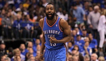 DALLAS, TX - MAY 25:  James Harden #13 of the Oklahoma City Thunder reacts in the second half while taking on the Dallas Mavericks in Game Five of the Western Conference Finals during the 2011 NBA Playoffs at American Airlines Center on May 25, 2011 in Da
