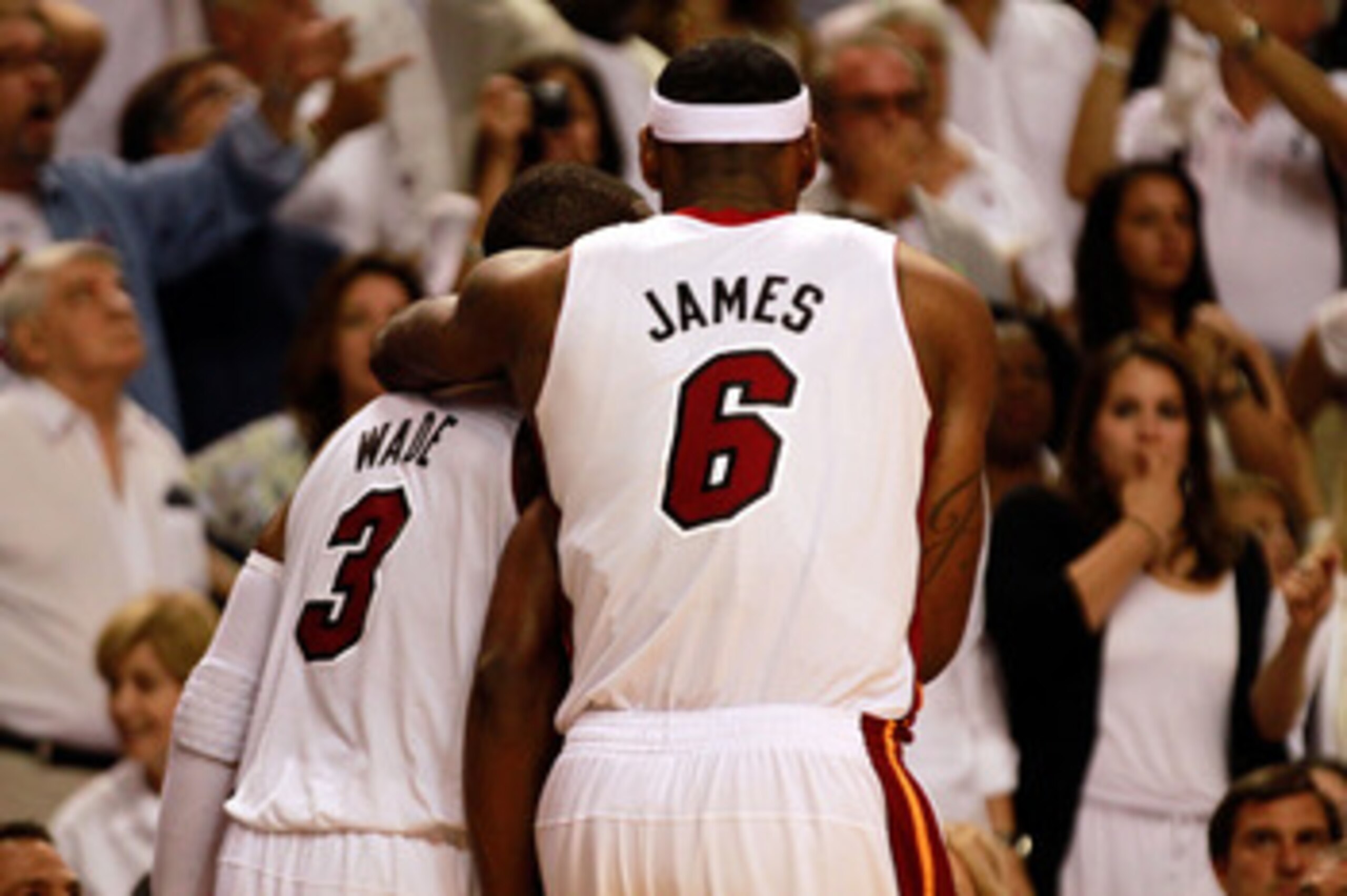 MIAMI, FL - MAY 24:  Dwyane Wade #3 and LeBron James #6 of the Miami Heat celebrate against the Chicago Bulls in Game Four of the Eastern Conference Finals during the 2011 NBA Playoffs on May 24, 2011 at American Airlines Arena in Miami, Florida. The Heat