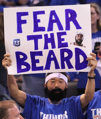 OKLAHOMA CITY, OK - MAY 21:  An Oklahoma City Thunder fan holds up a sign referring to the beard of James Harden #13 of the Thunder before the Thunder take on the Dallas Mavericks in Game Three of the Western Conference Finals during the 2011 NBA Playoffs