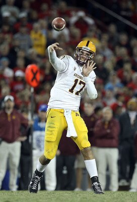 TUCSON, AZ - DECEMBER 02:  Quarterback Brock Osweiler #17 of the Arizona State Sun Devils throws a pass during the college football game against the Arizona Wildcats at Arizona Stadium on December 2, 2010 in Tucson, Arizona. The Sun Devils defeated the Wi