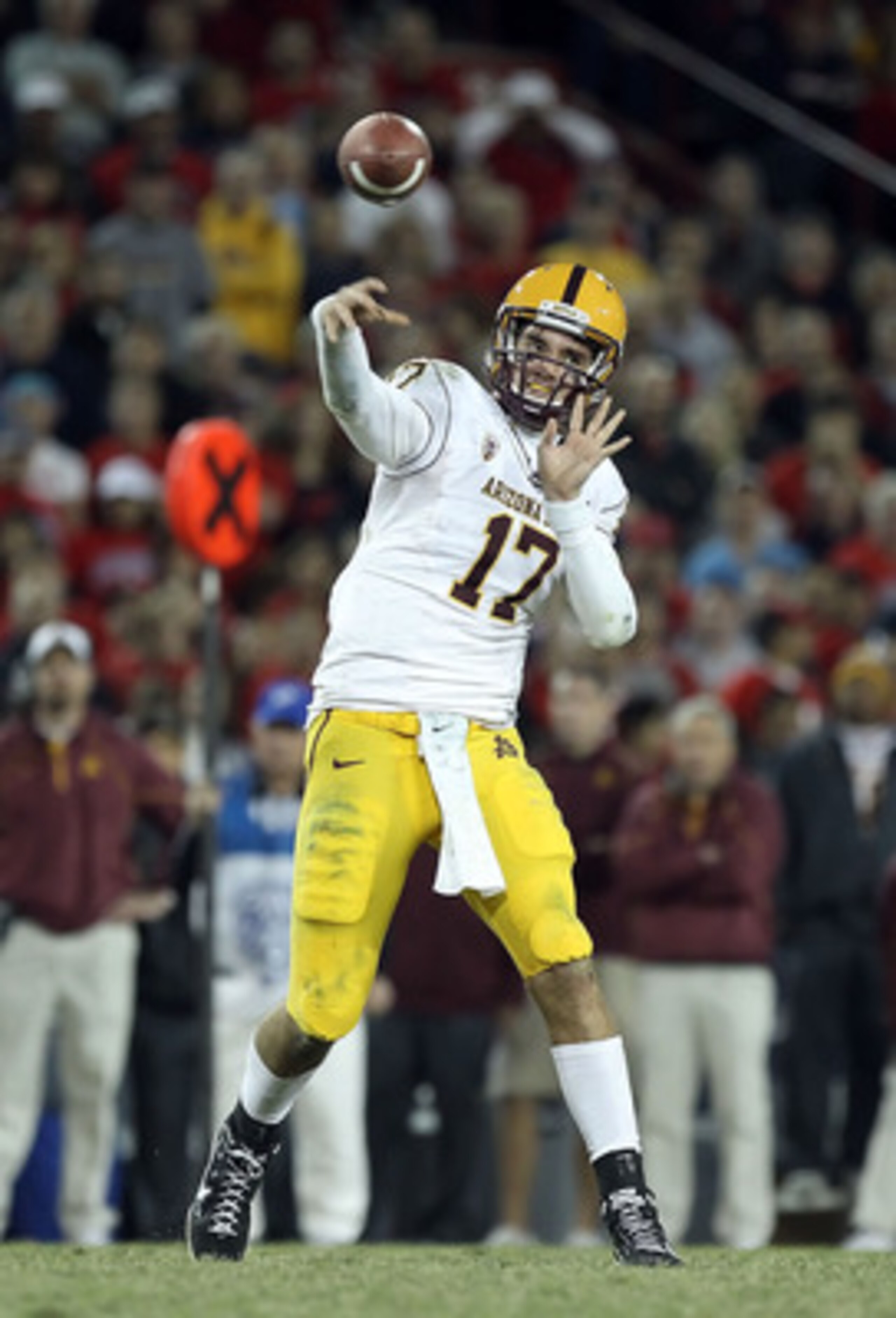 TUCSON, AZ - DECEMBER 02:  Quarterback Brock Osweiler #17 of the Arizona State Sun Devils throws a pass during the college football game against the Arizona Wildcats at Arizona Stadium on December 2, 2010 in Tucson, Arizona. The Sun Devils defeated the Wi