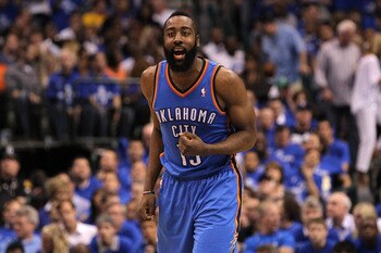 DALLAS, TX - MAY 25:  James Harden #13 of the Oklahoma City Thunder reacts in the second half while taking on the Dallas Mavericks in Game Five of the Western Conference Finals during the 2011 NBA Playoffs at American Airlines Center on May 25, 2011 in Da