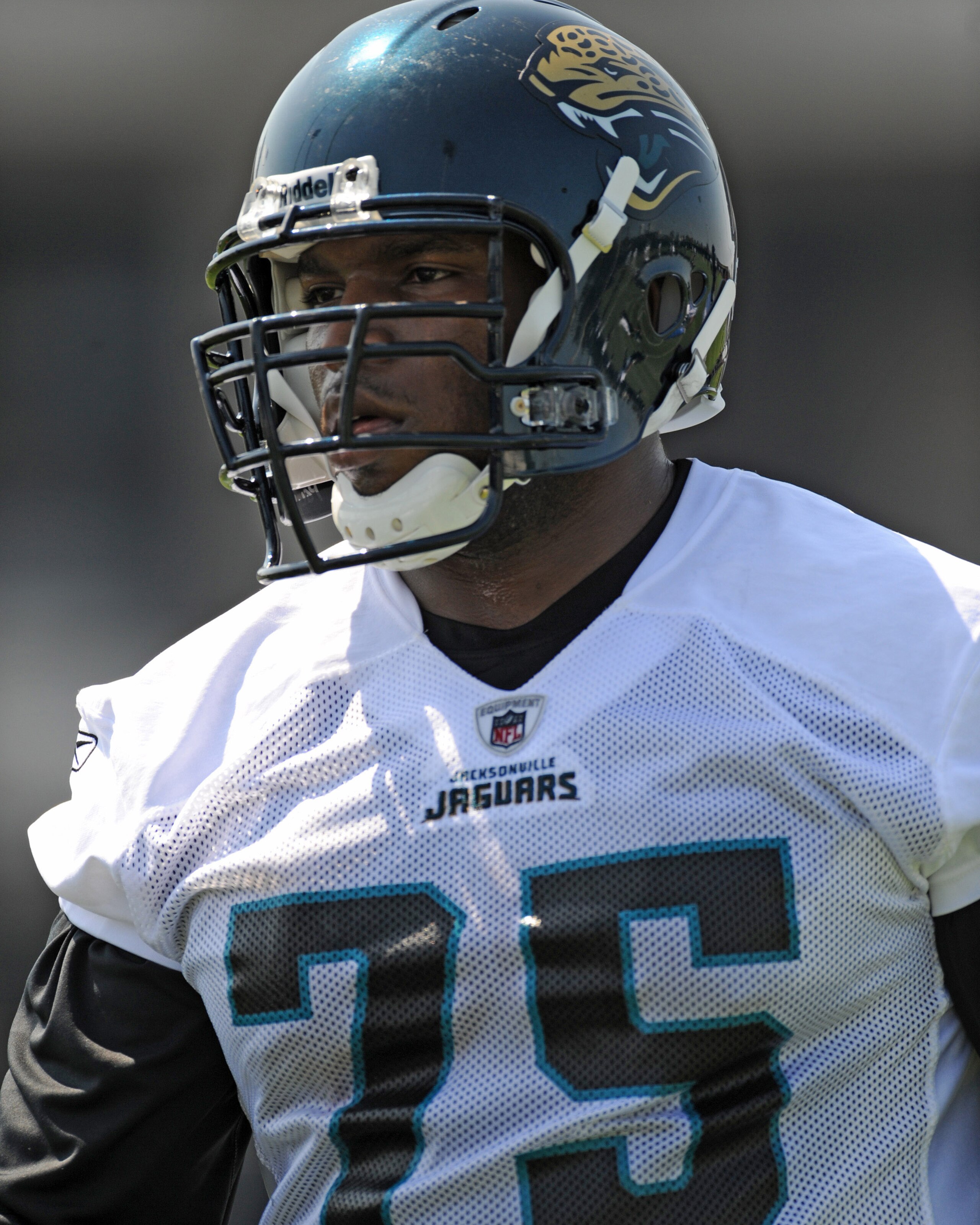 JACKSONVILLE, FL - MAY 1:  Tackle Eugene Monroe #75 of the Jacksonville Jaguars sets for play May 1, 2009 at a team minicamp near Jacksonville Municipal Stadium in Jacksonville, Florida.  (Photo by Al Messerschmidt/Getty Images)